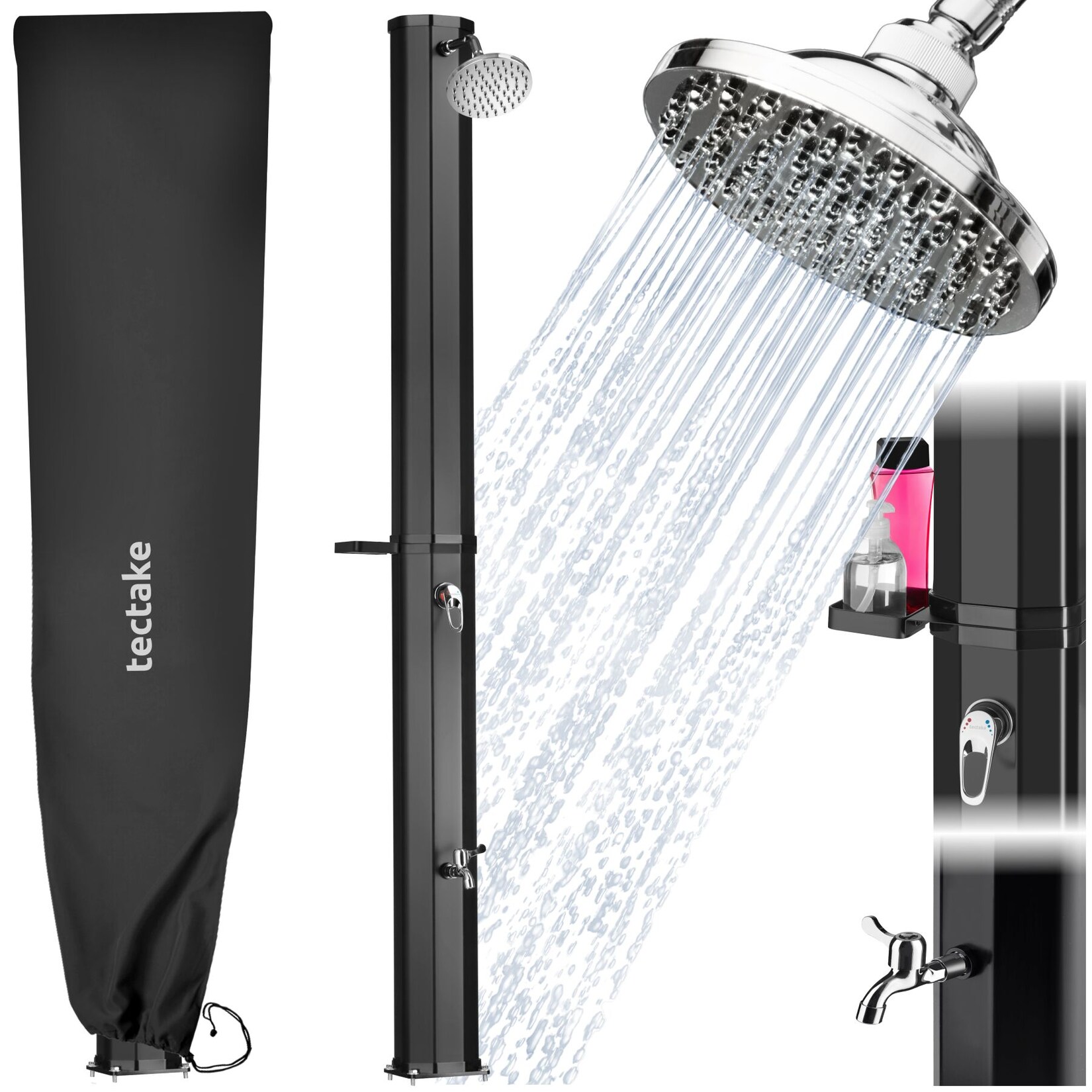 tectake® Solardusche, 35 Liter, mit Seifenablage, Regenduschkopf mit Kugelgelenk, extra Wasserhahn, inklusive Schutzhülle