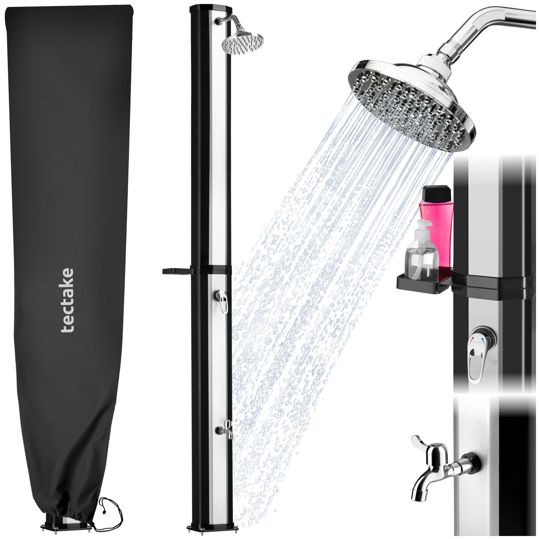 tectake&reg; Solardusche, 35 Liter, mit Seifenablage, Regenduschkopf mit Kugelgelenk, extra Wasserhahn, inklusive Schutzh&uuml;lle - Bild 1