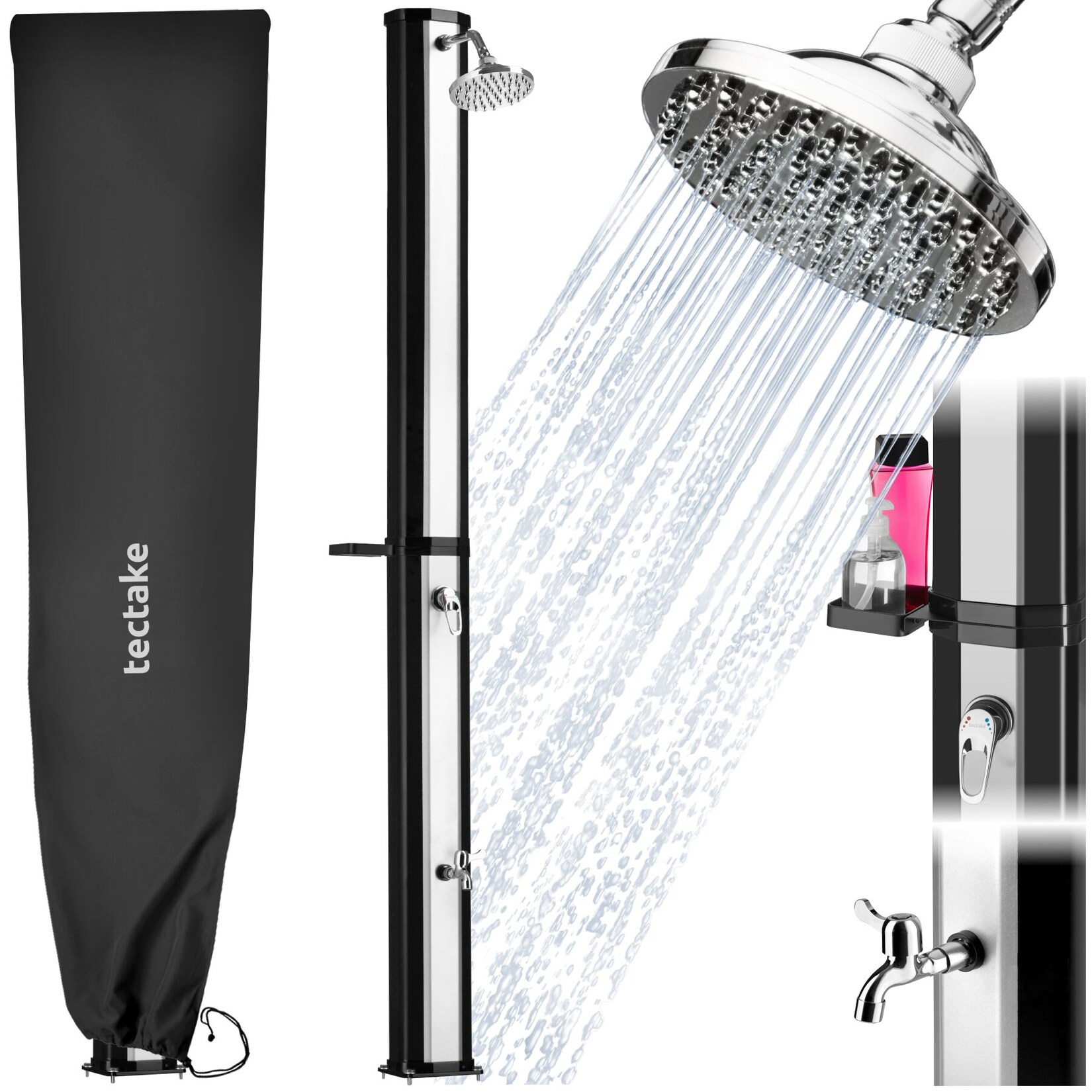 tectake® Solardusche, 35 Liter, mit Seifenablage, Regenduschkopf mit Kugelgelenk, extra Wasserhahn, inklusive Schutzhülle