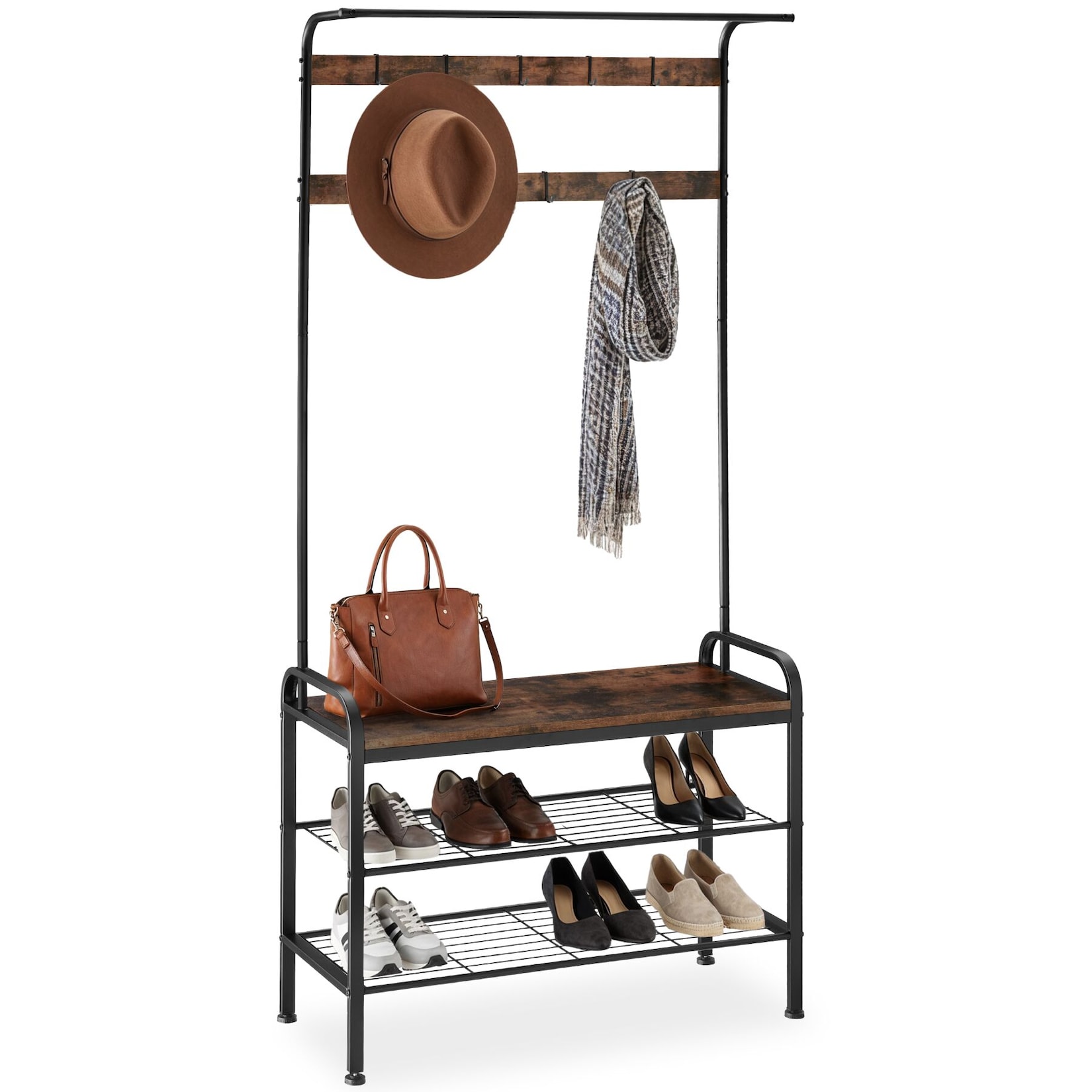 tectake® Garderobenständer, Industrial Style, mit Sitzfläche, 2 Gitterablagen und 9 abnehmbaren Haken, inklusive Kippschutz, 85,5 x 36 x …