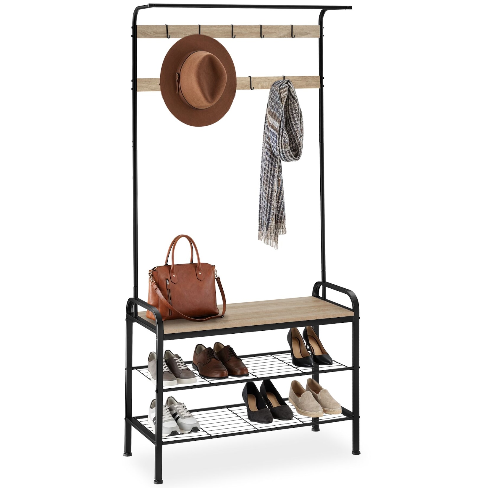 tectake® Garderobenständer, Industrial Style, mit Sitzfläche, 2 Gitterablagen und 9 abnehmbaren Haken, inklusive Kippschutz, 85,5 x 36 x …