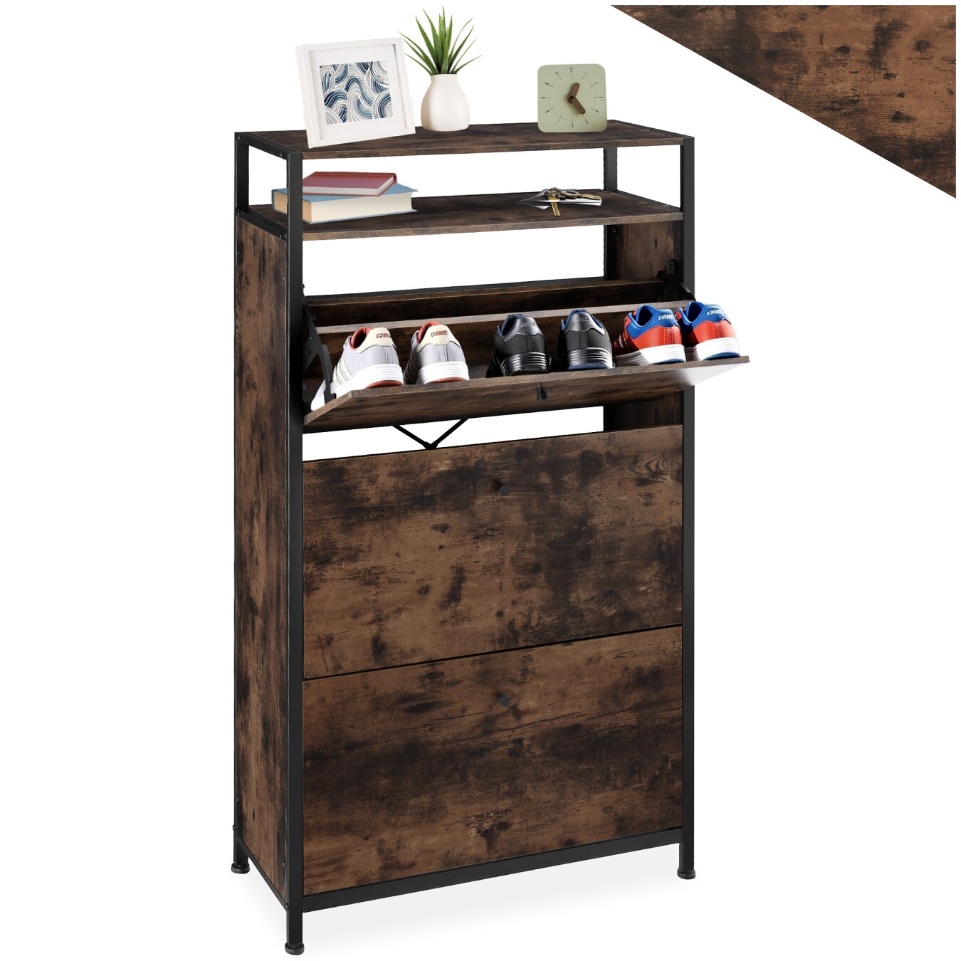 tectake® Schuhschrank, Industrial Style, mit 3 Klappen, inklusive Kippschutz, 61 x 32 x 130 cm