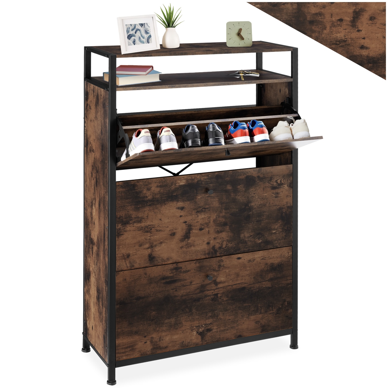 tectake® Schuhschrank, Industrial Style, mit 3 Klappen, inklusive Kippschutz, 81 x 32 x 130 cm
