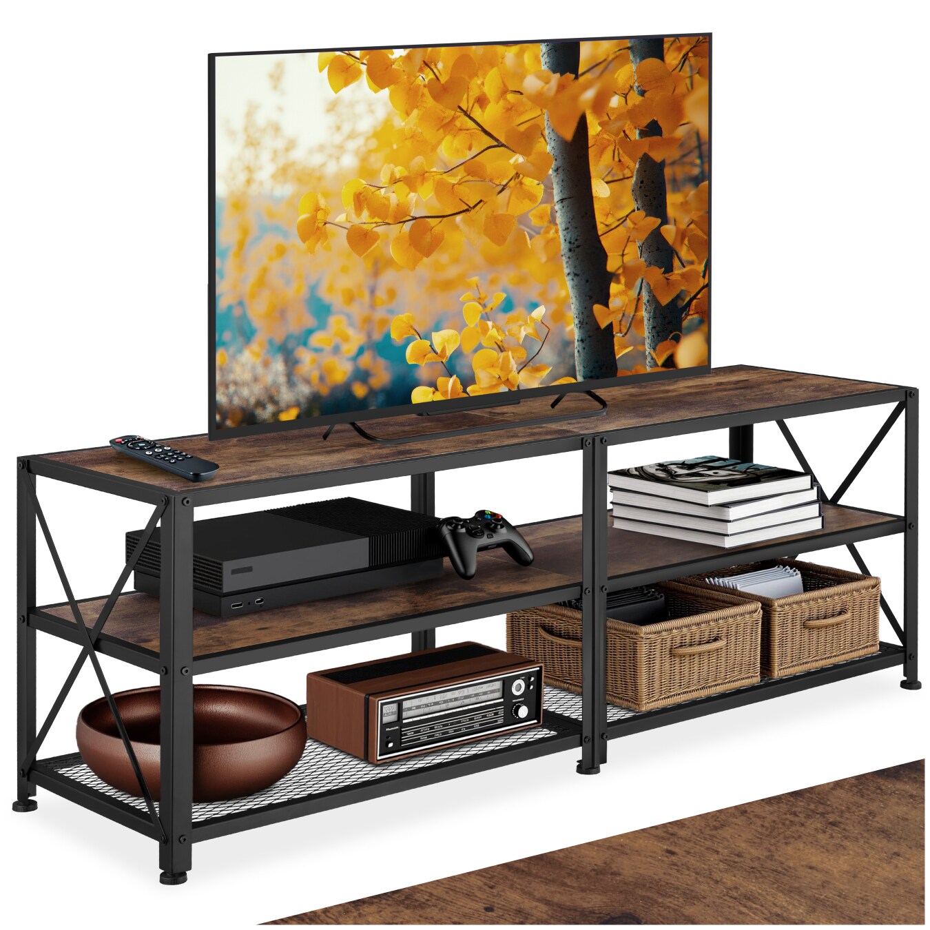 tectake TV-Regal, Industrial Style, 3 offene Etagen, seitliche X-Streben, 141 x 41,5 x 50,5 cm
