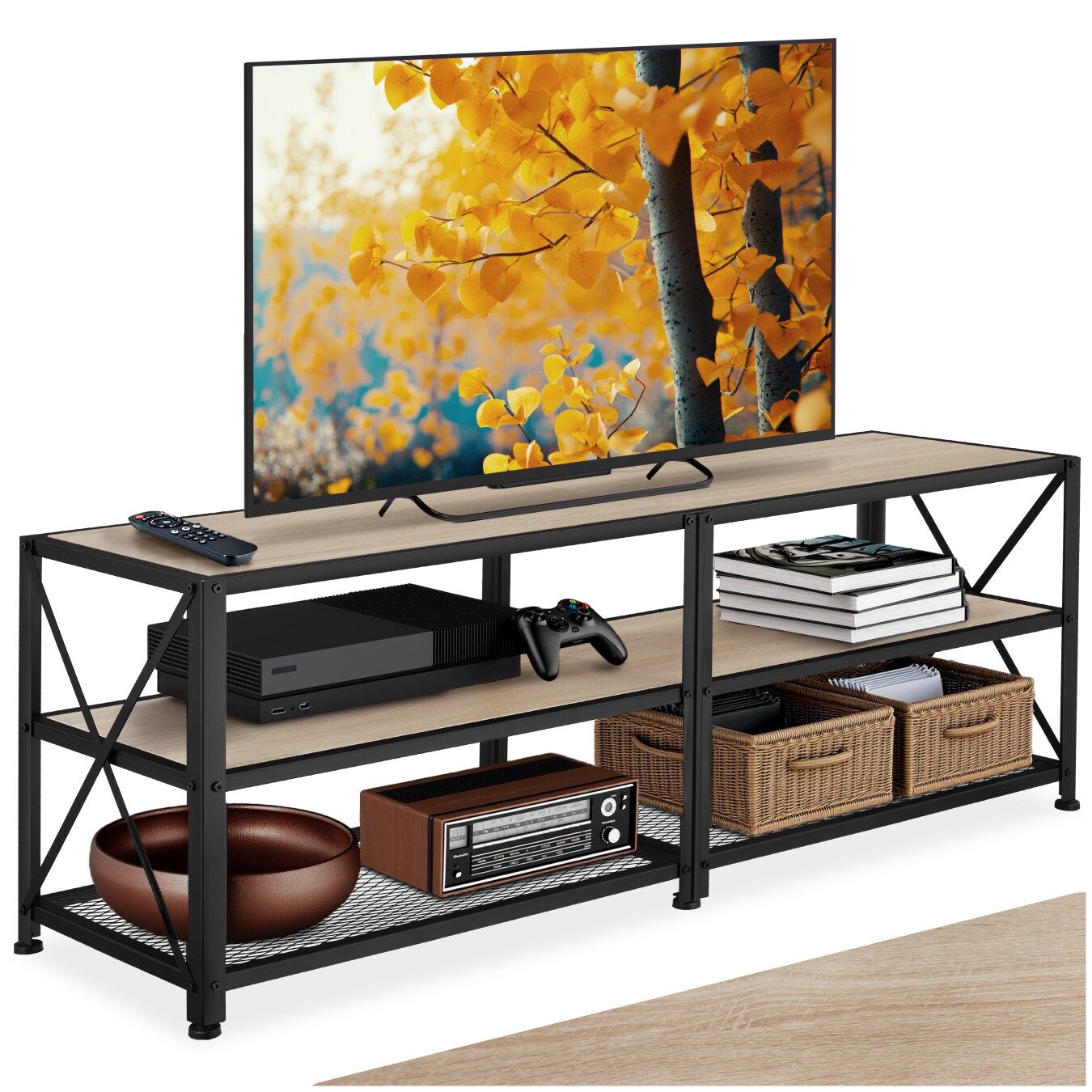 tectake TV-Regal, Industrial Style, 3 offene Etagen, seitliche X-Streben, 141 x 41,5 x 50,5 cm