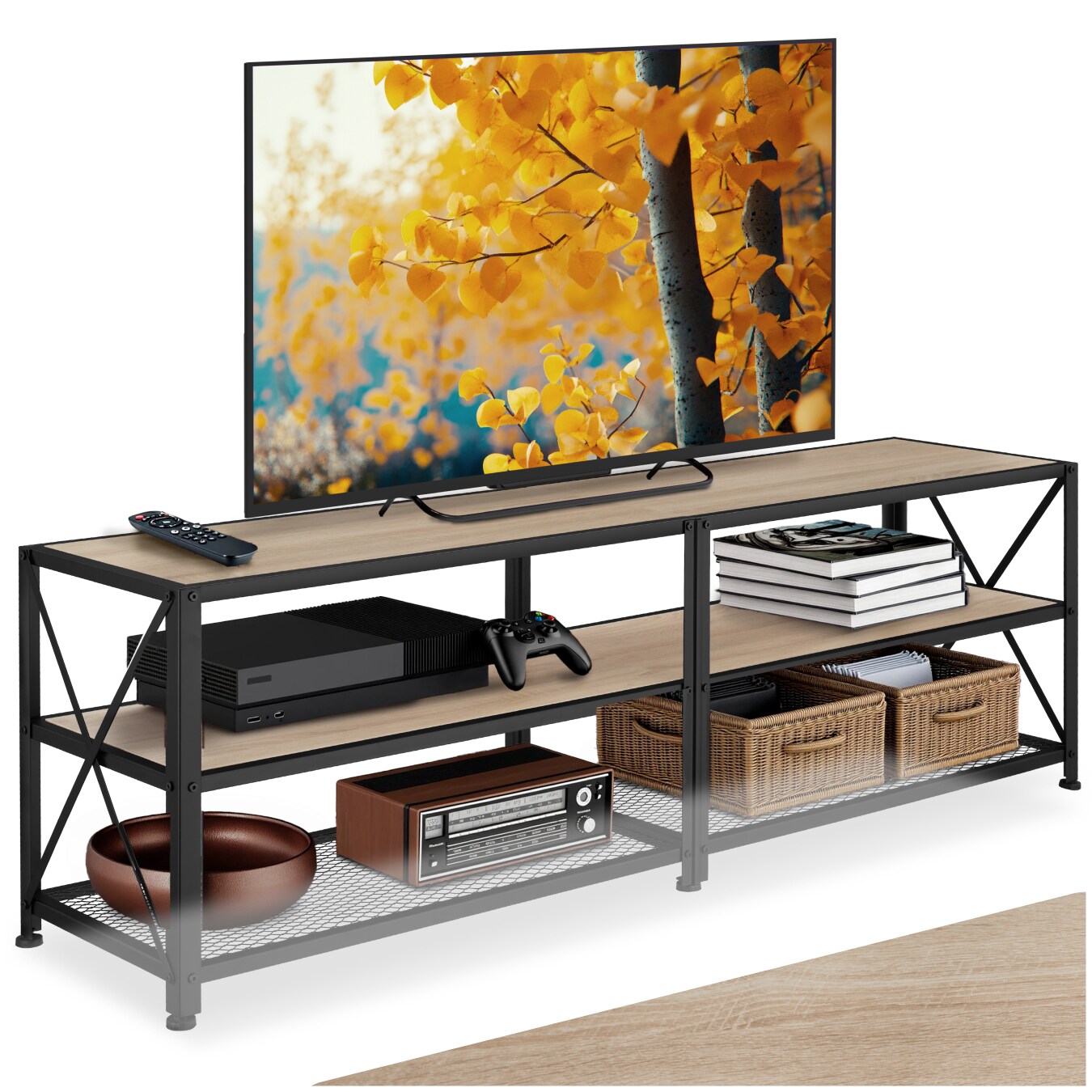 tectake TV-Regal, Industrial Style, 3 offene Etagen, seitliche X-Streben, 161 x 41,5 x 50,5 cm