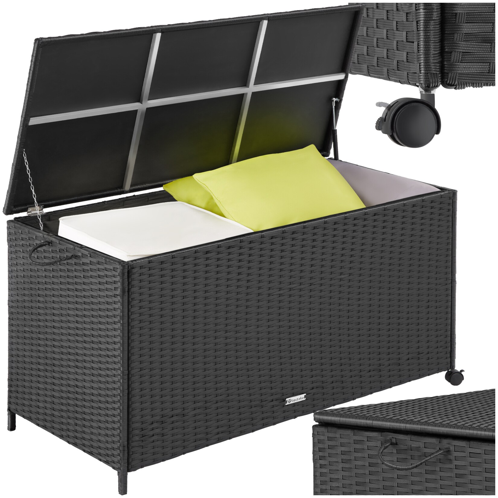 tectake® Auflagenbox, mit Aluminiumgestell und Rattangeflecht, komfortable Hubautomatik, 117 x 54 x 64 cm | 04061173210913