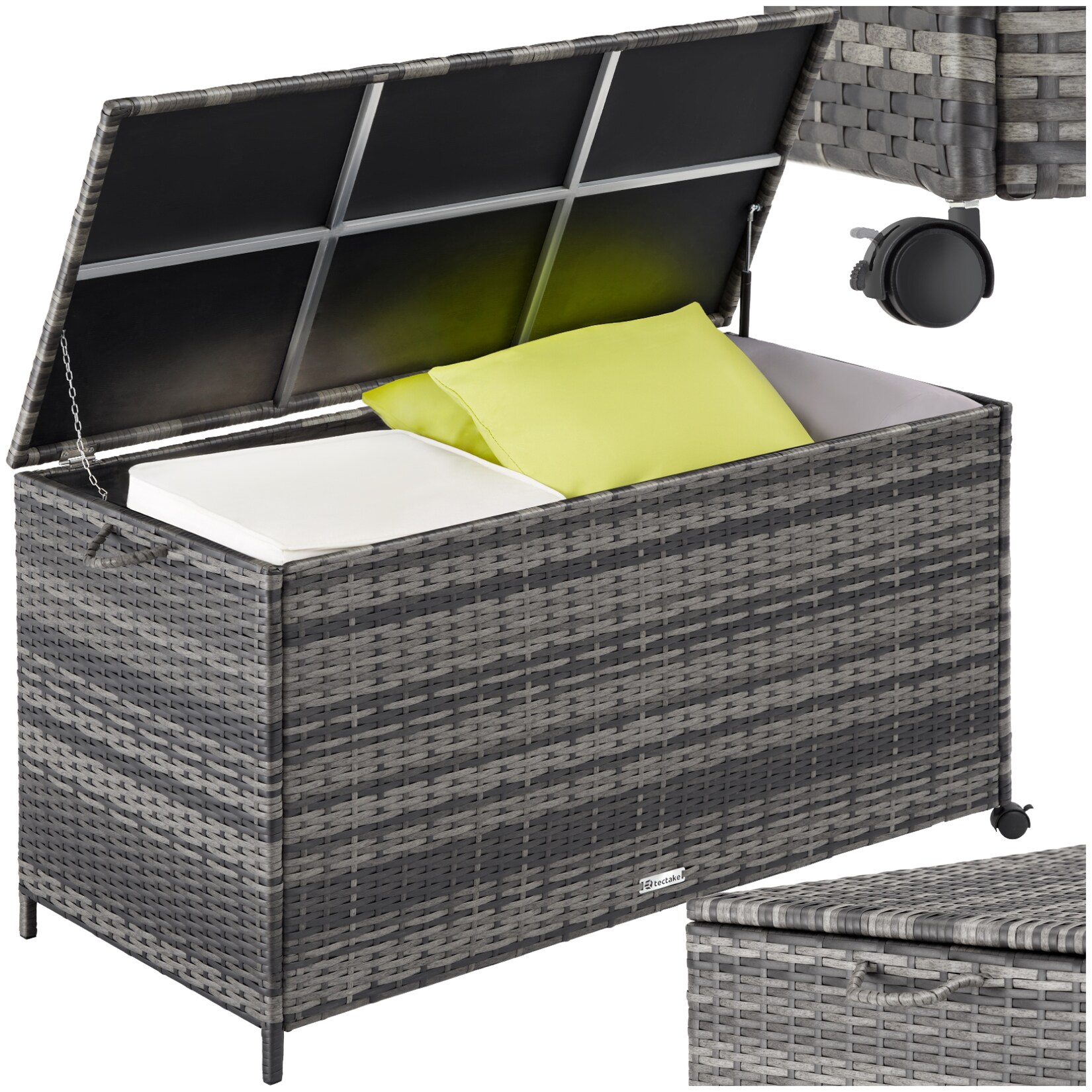 tectake® Auflagenbox, , mit Aluminiumgestell und Rattangeflecht, komfortable Hubautomatik, 117 x 54 x 64 cm