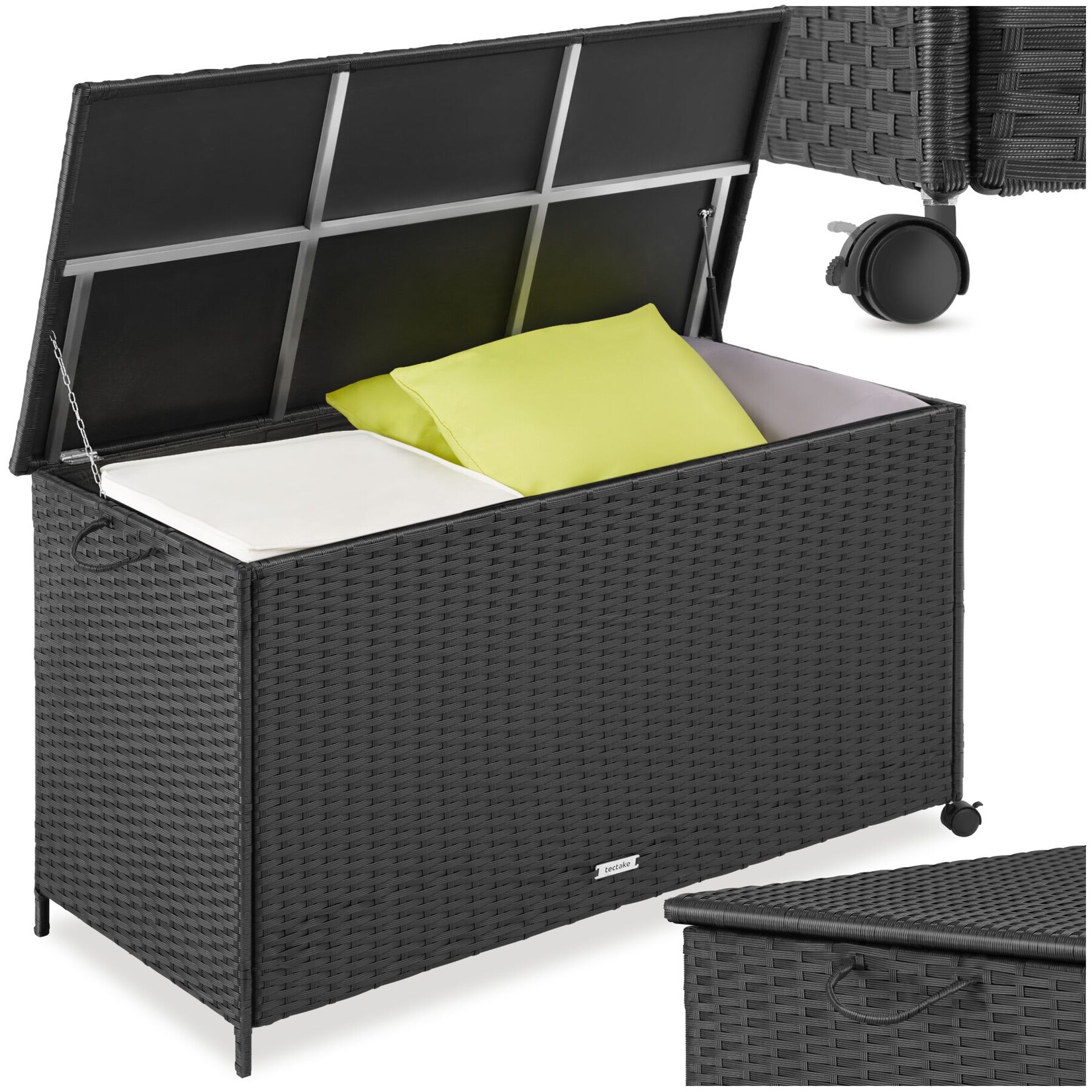 tectake® Auflagenbox, 253 l, mit Aluminiumgestell und Rattangeflecht, komfortable Hubautomatik, 116 x 54 x 64 cm