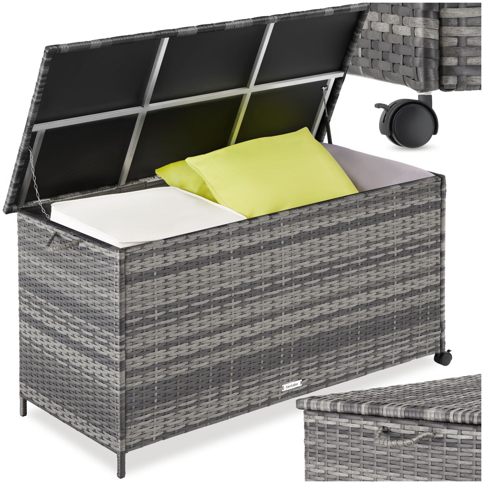 tectake® Auflagenbox, 253 l, mit Aluminiumgestell und Rattangeflecht, komfortable Hubautomatik, 116 x 54 x 64 cm
