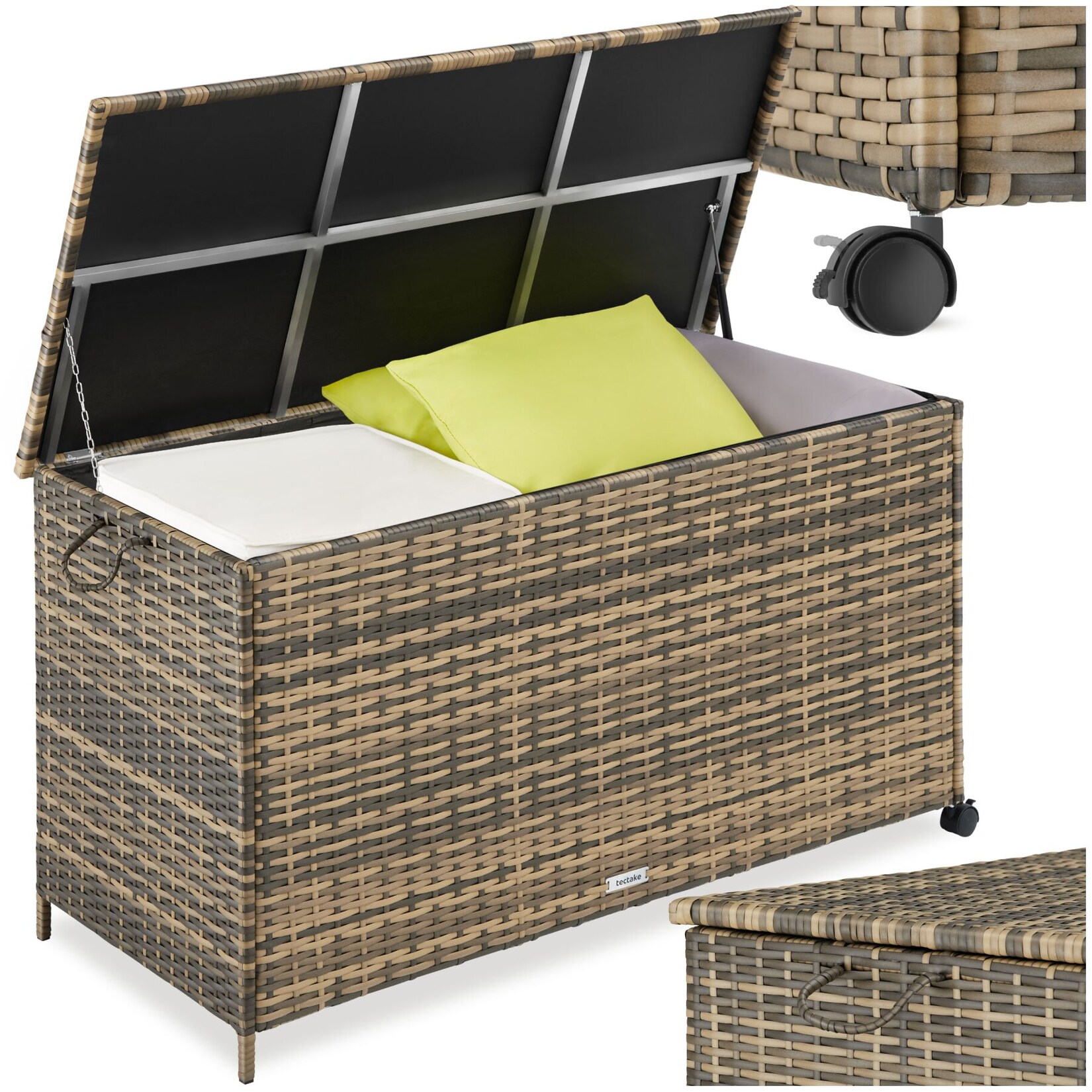 tectake® Auflagenbox, 253 l, mit Aluminiumgestell und Rattangeflecht, komfortable Hubautomatik, 116 x 54 x 64 cm