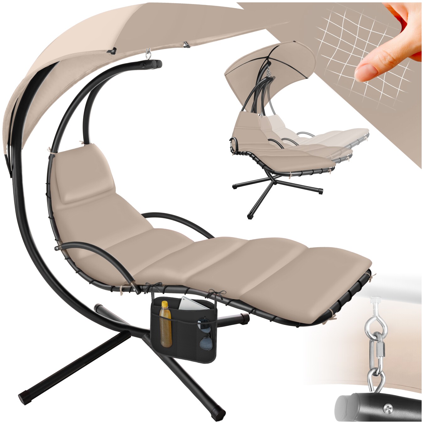 tectake® Hängeliege, großes Sonnendach mit UV-Schutz, ergonomisch, 195 x 132 x 197 cm, mit Seitentasche