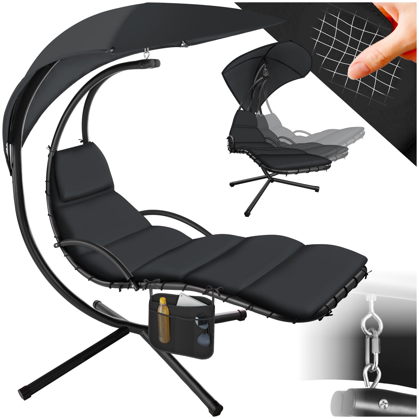 tectake® Hängeliege, großes Sonnendach mit UV-Schutz, ergonomisch, 195 x 132 x 197 cm, mit Seitentasche | 04061173214591