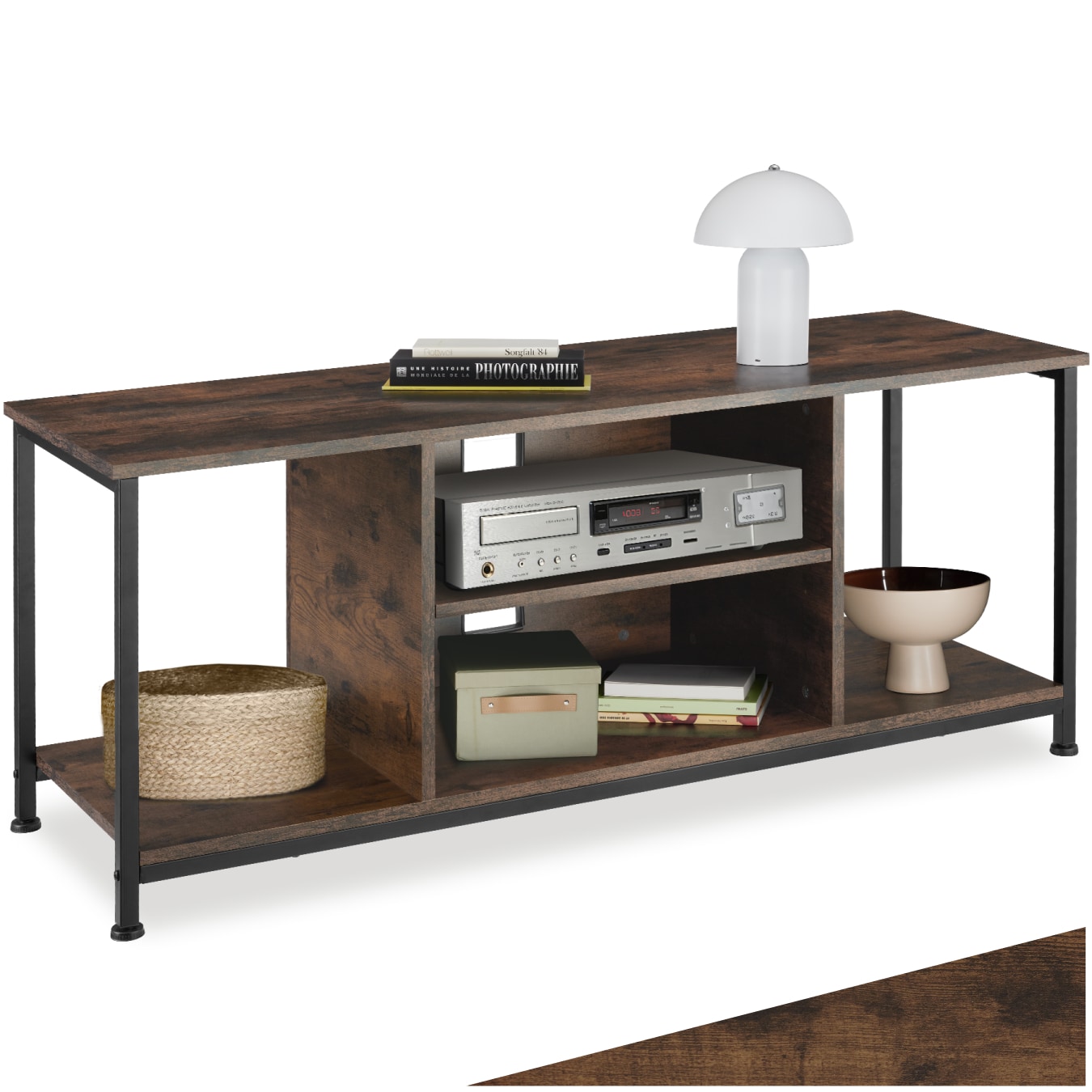 tectake® TV-Regal, Industrial Style, 4 offene Fächer, verstellbarer Einlegeboden und Kabelaussparungen, 120 x 40 x 50,5 cm