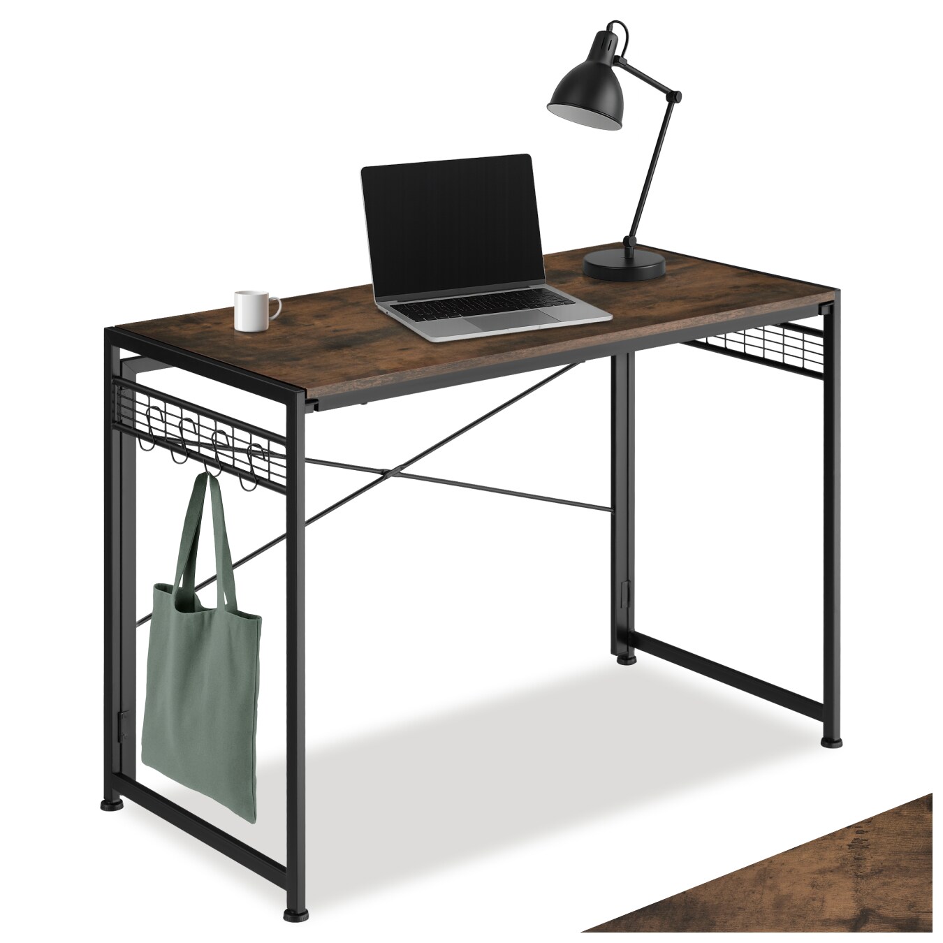 tectake® Schreibtisch, Industrial Style, klappbar, mit seitlichen Gitterflächen und 8 Haken, 102 x 51 x 77 cm