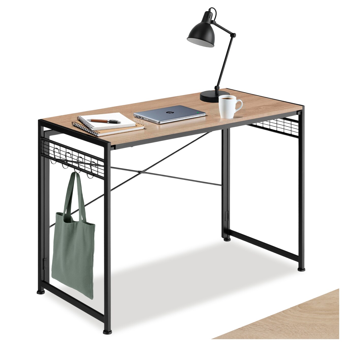 tectake® Schreibtisch, Industrial Style, klappbar, mit seitlichen Gitterflächen und 8 Haken, 102 x 51 x 77 cm