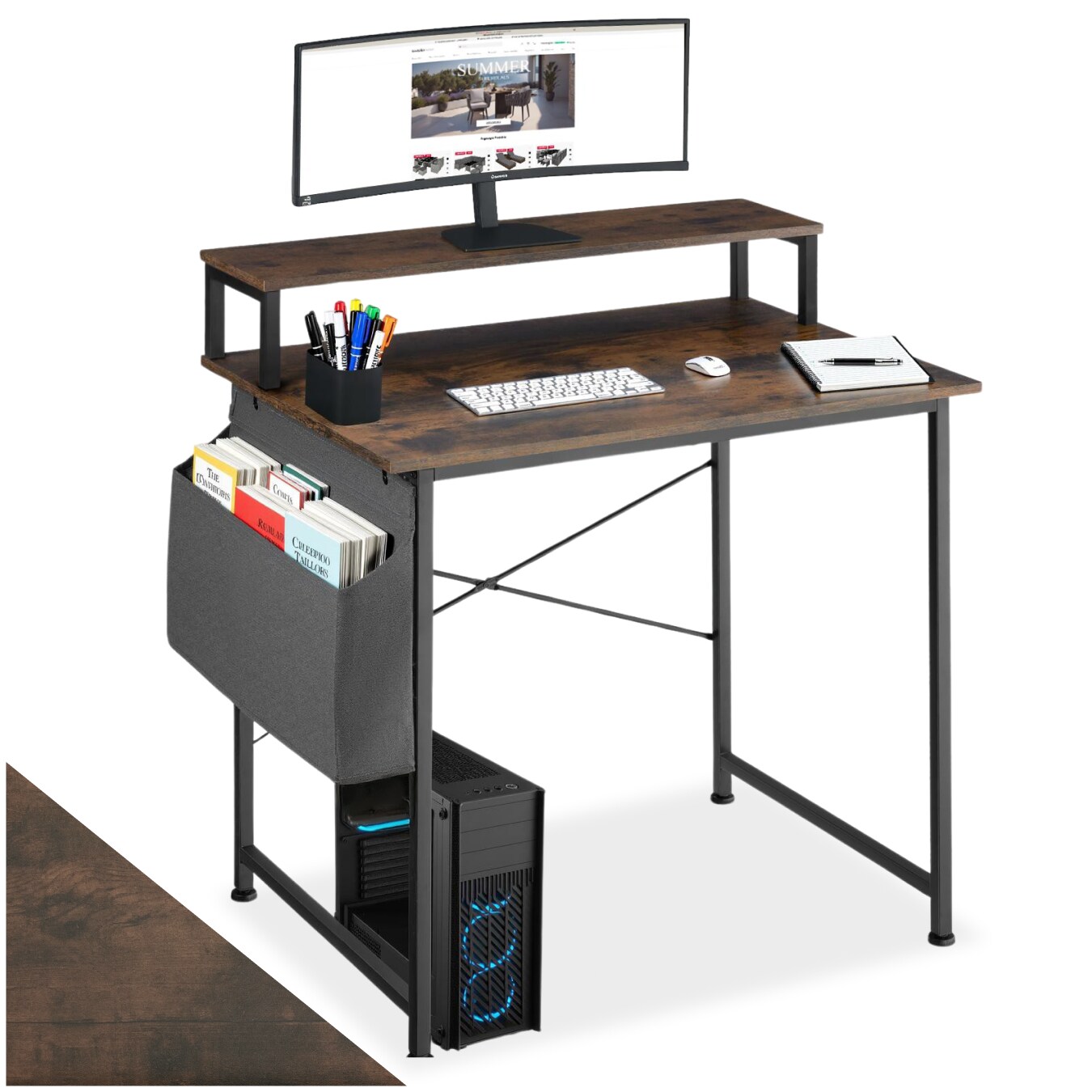 tectake® Schreibtisch, Industrial Style, mit Monitorständer und Aufbewahrungstasche, 80 x 55 x 90 cm
