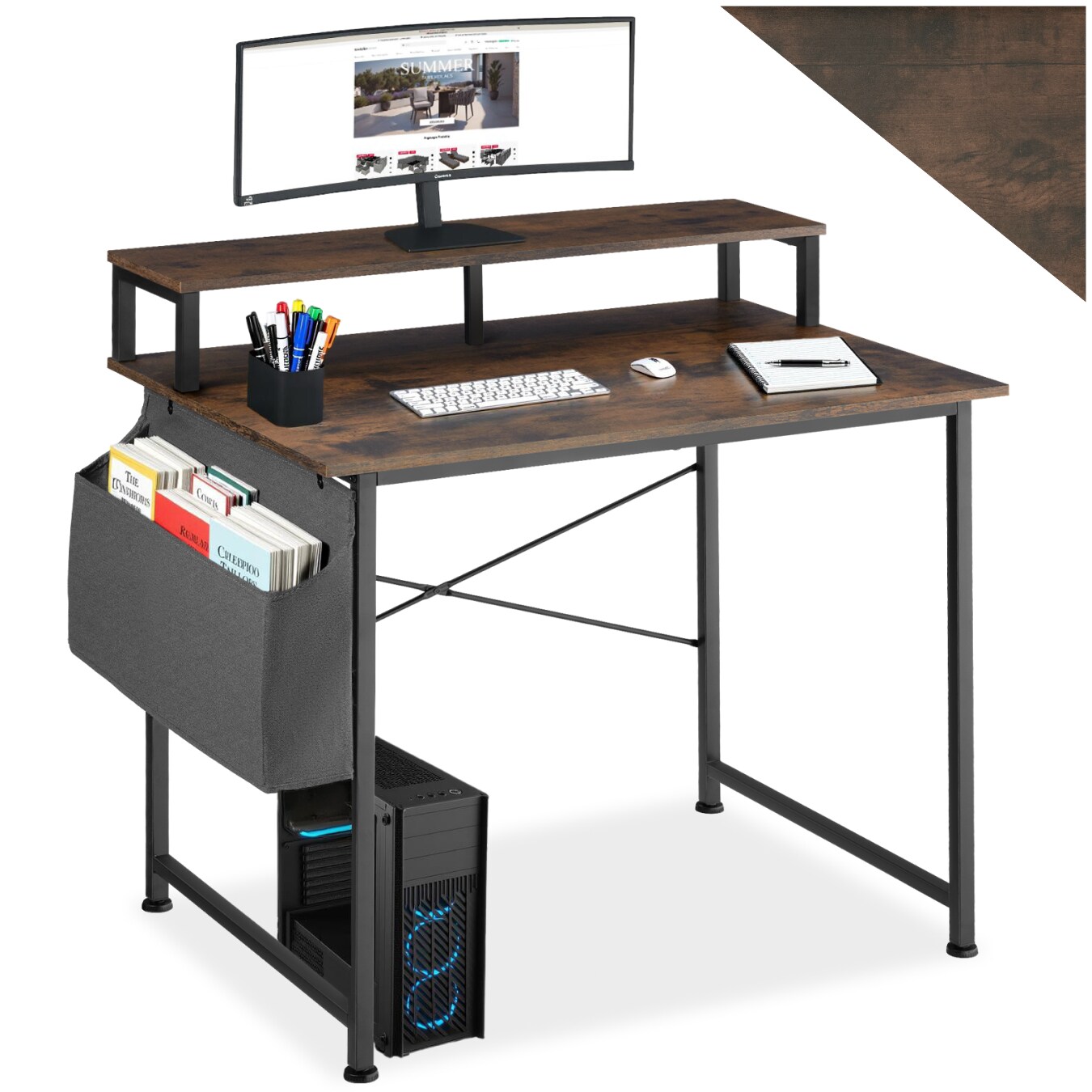 tectake® Schreibtisch, Industrial Style, mit Monitorständer und Aufbewahrungstasche, 120 x 60 x 110 cm
