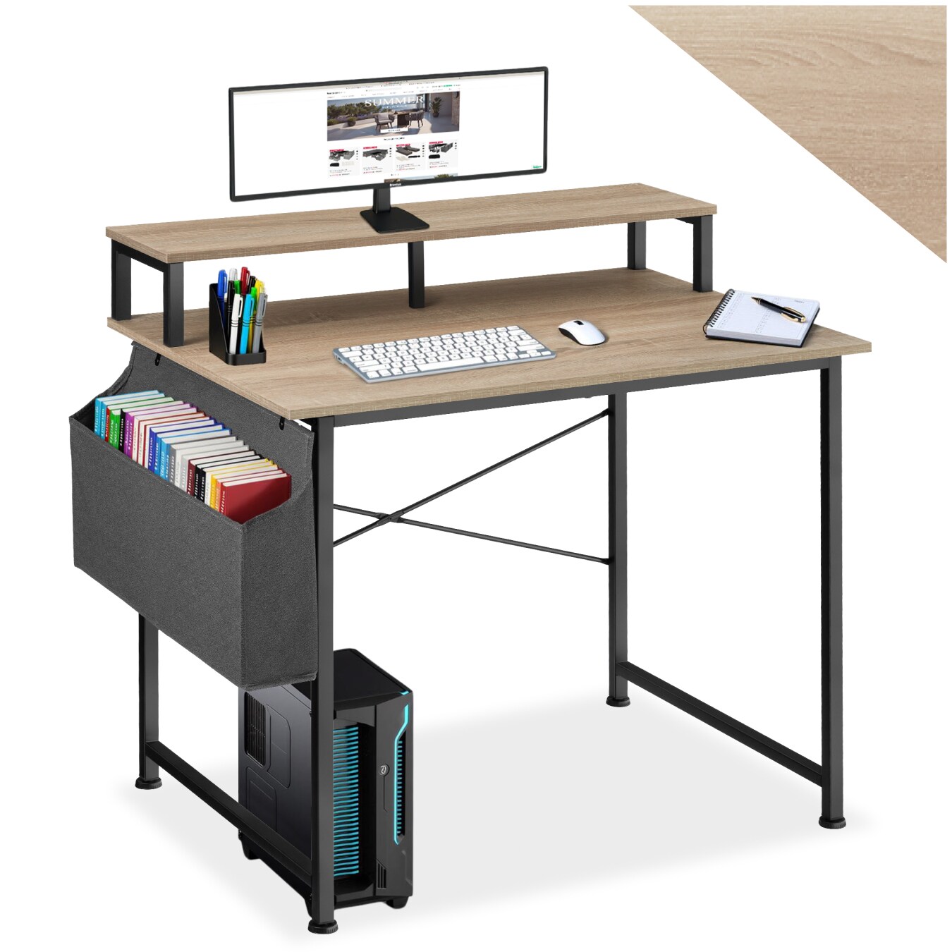 tectake® Schreibtisch, Industrial Style, mit Monitorständer und Aufbewahrungstasche, 120 x 60 x 110 cm