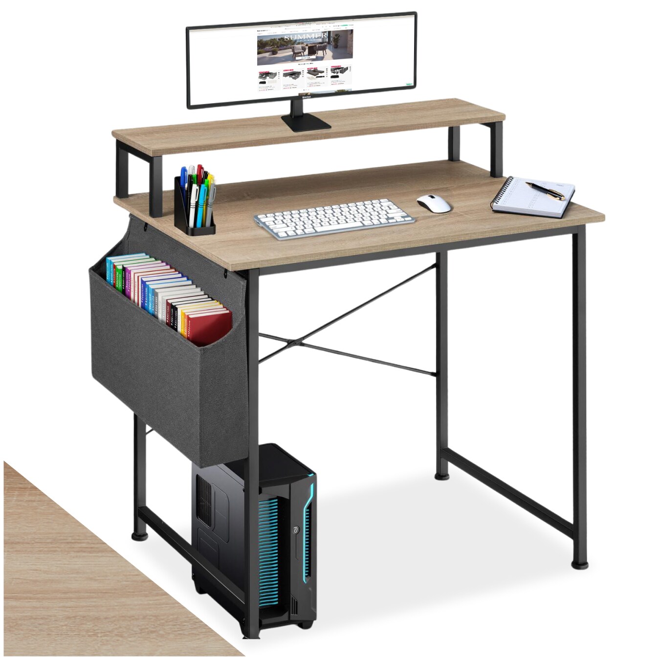 tectake® Schreibtisch, Industrial Style, mit Monitorständer und Aufbewahrungstasche, 80 x 55 x 90 cm