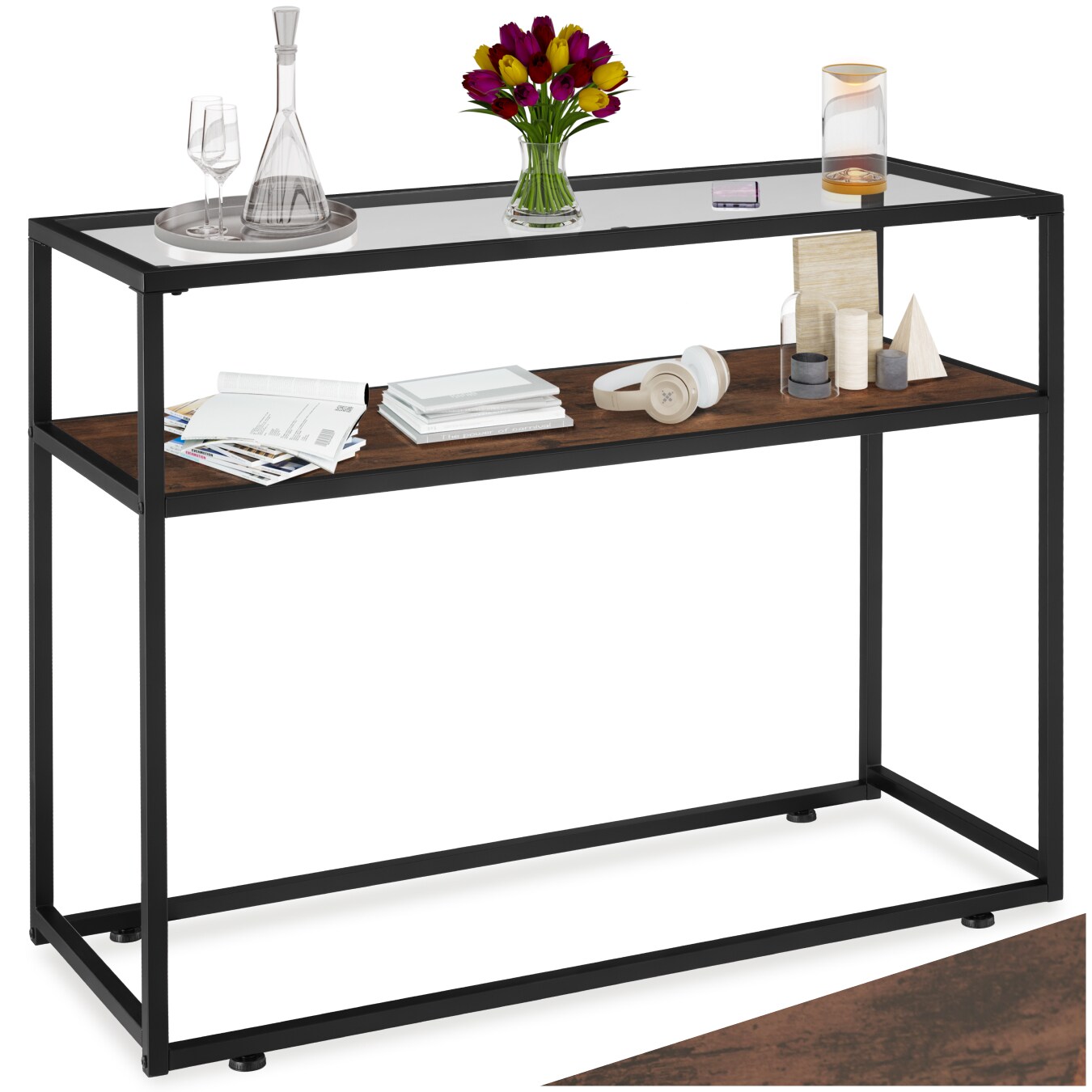tectake® Konsolentisch, Industrial Style, 2 Ablagen, mit Glasplatte, 100 x 41 x 80,5 cm