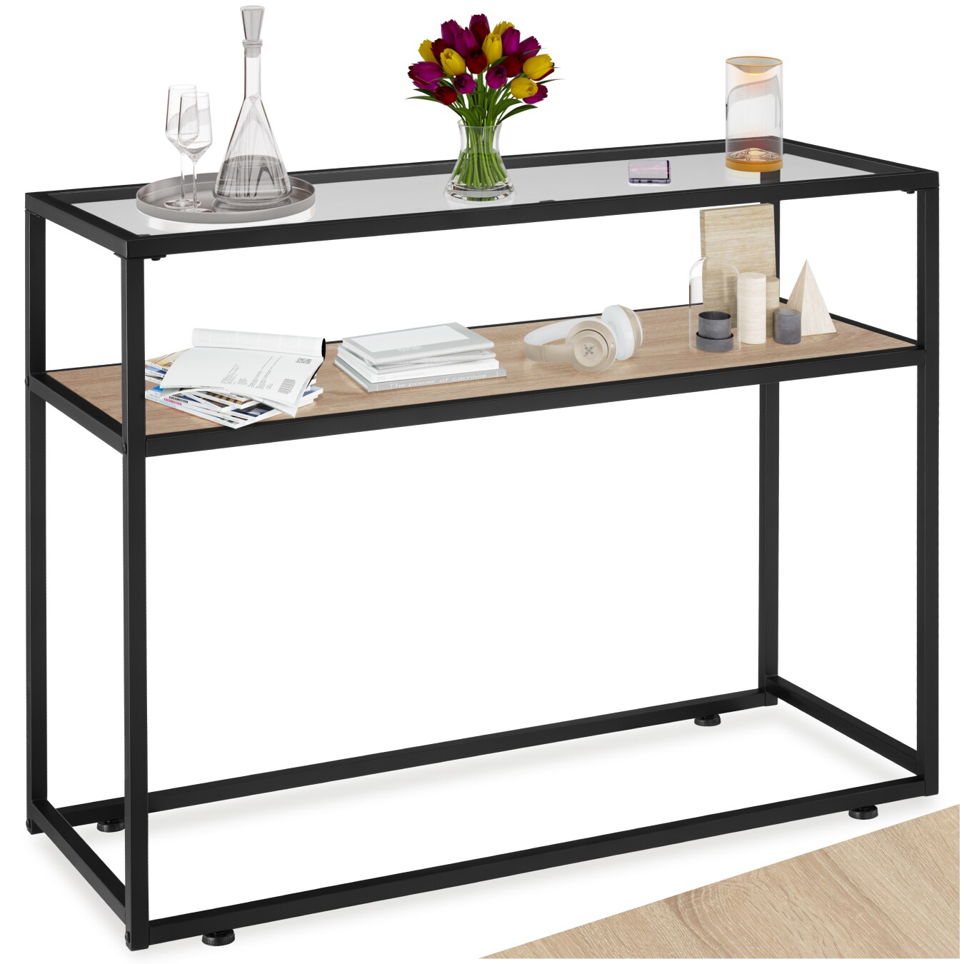tectake® Konsolentisch, Industrial Style, 2 Ablagen, mit Glasplatte, 100 x 41 x 80,5 cm