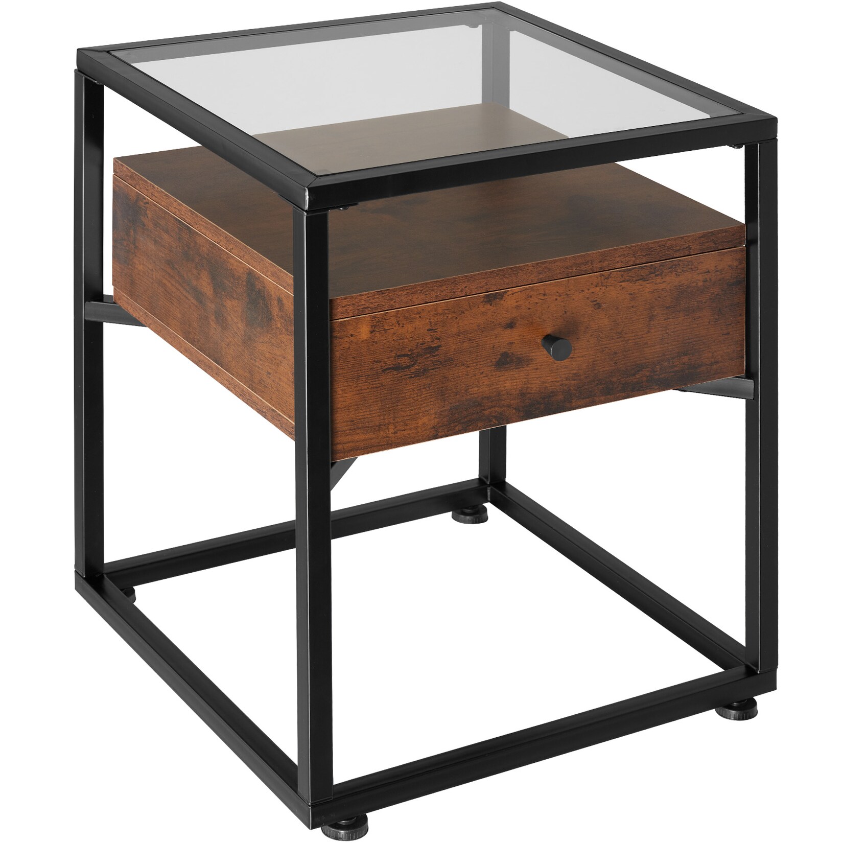 tectake® Nachttisch, Industrial Style, mit Glasplatte und Schublade, 43 x 45 x 54,5 cm | 04061173242570