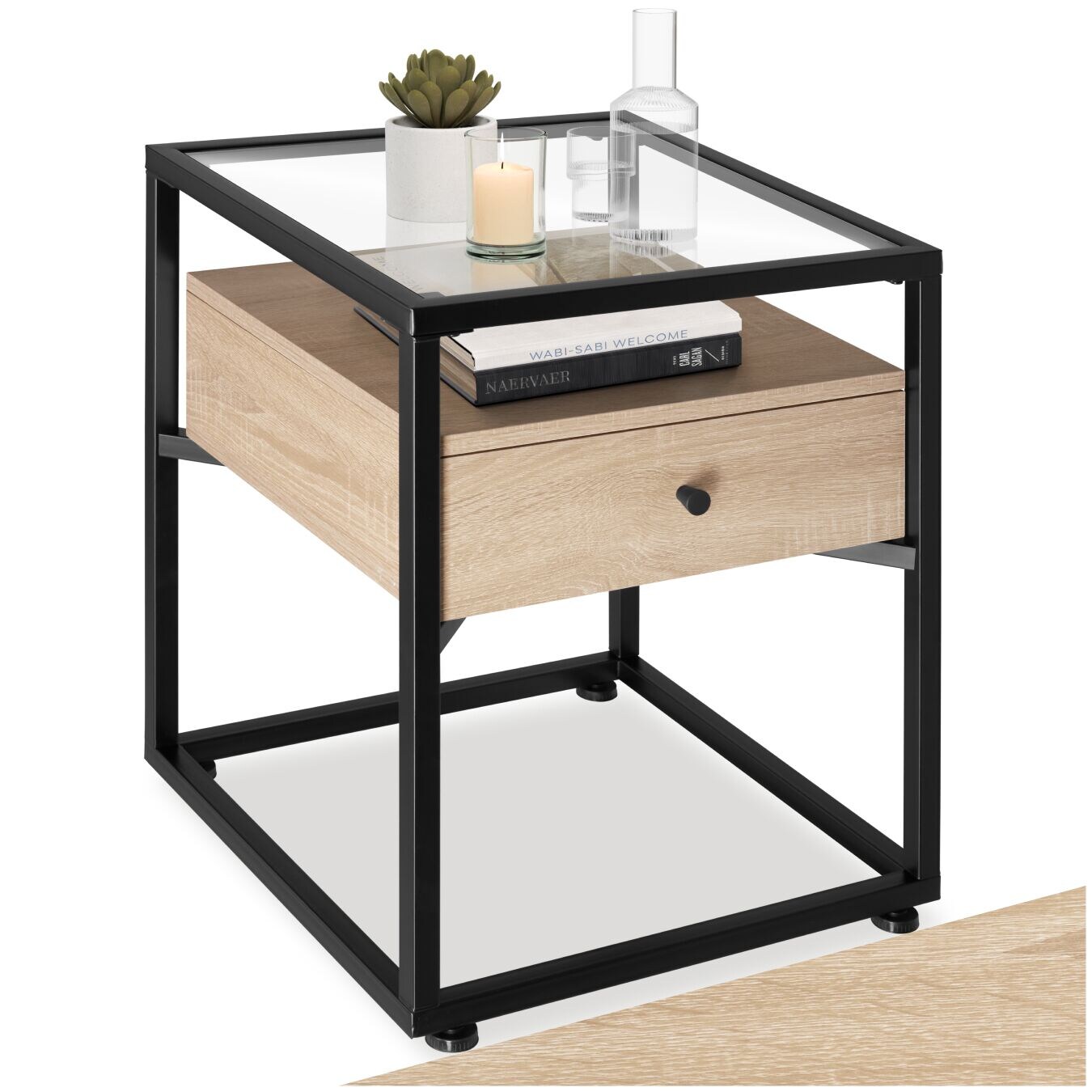 tectake® Nachttisch, Industrial Style, mit Glasplatte und Schublade, 43 x 45 x 54,5 cm