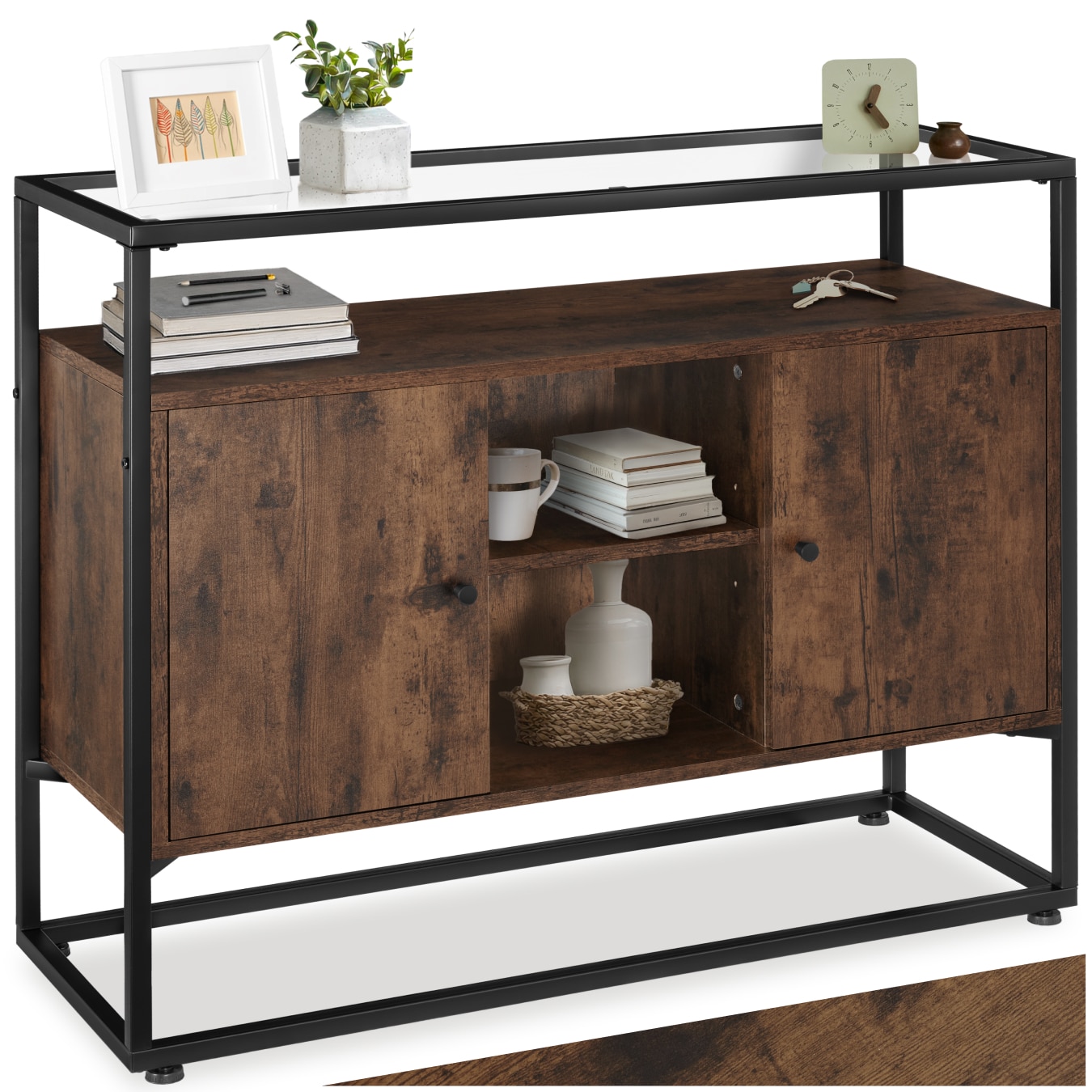 tectake&reg; Sideboard, Industrial Style, Glasplatte, offenes Fach, 2 Stauf&auml;cher mit Magnett&uuml;ren und 3 Einlegeb&ouml;den, 100 x 38 x 80,5 cm - Bild 1