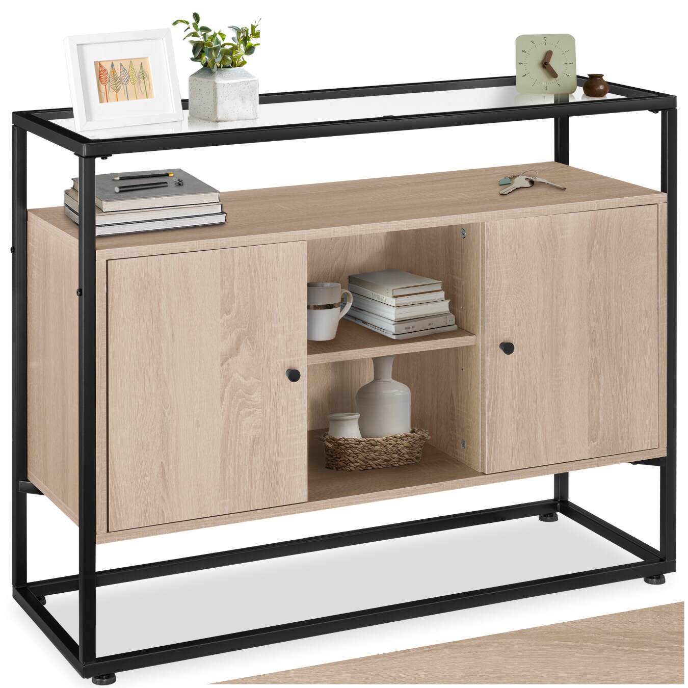 tectake® Sideboard, Industrial Style, Glasplatte, offenes Fach, 2 Staufächer mit Magnettüren und 3 Einlegeböden, 100 x 38 x 80,5 cm