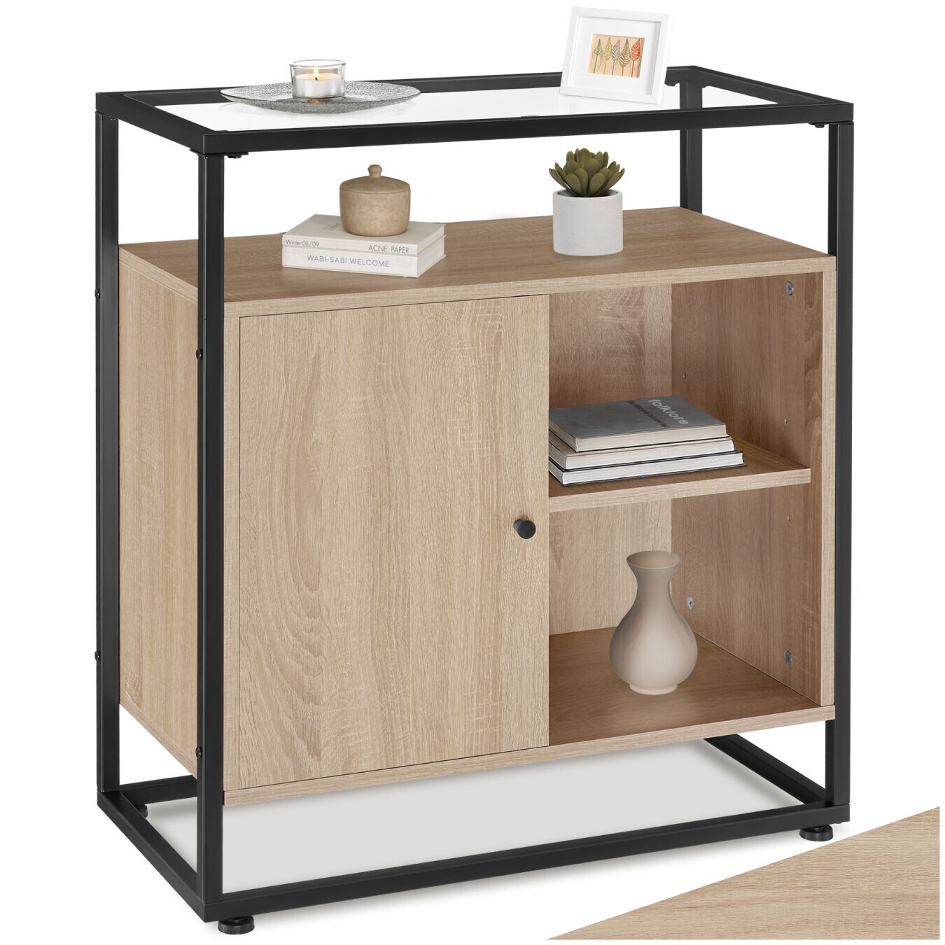 tectake® Kommode, Industrial Style, Glasplatte, offenes Fach, Staufach mit Magnettür und 2 Einlegeböden, 70 x 38 x 80,5 cm | 04061173242662