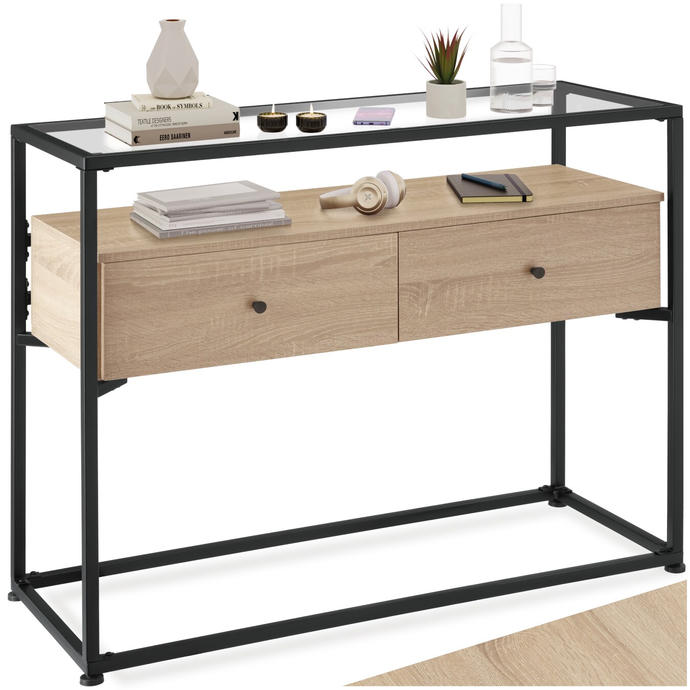 tectake&reg; Konsolentisch, Industrial Style, Platte aus Sicherheitsglas, 2 gro&szlig;e Schubladen, 101,5 x 41,5 x 80,5 cm - Bild 1