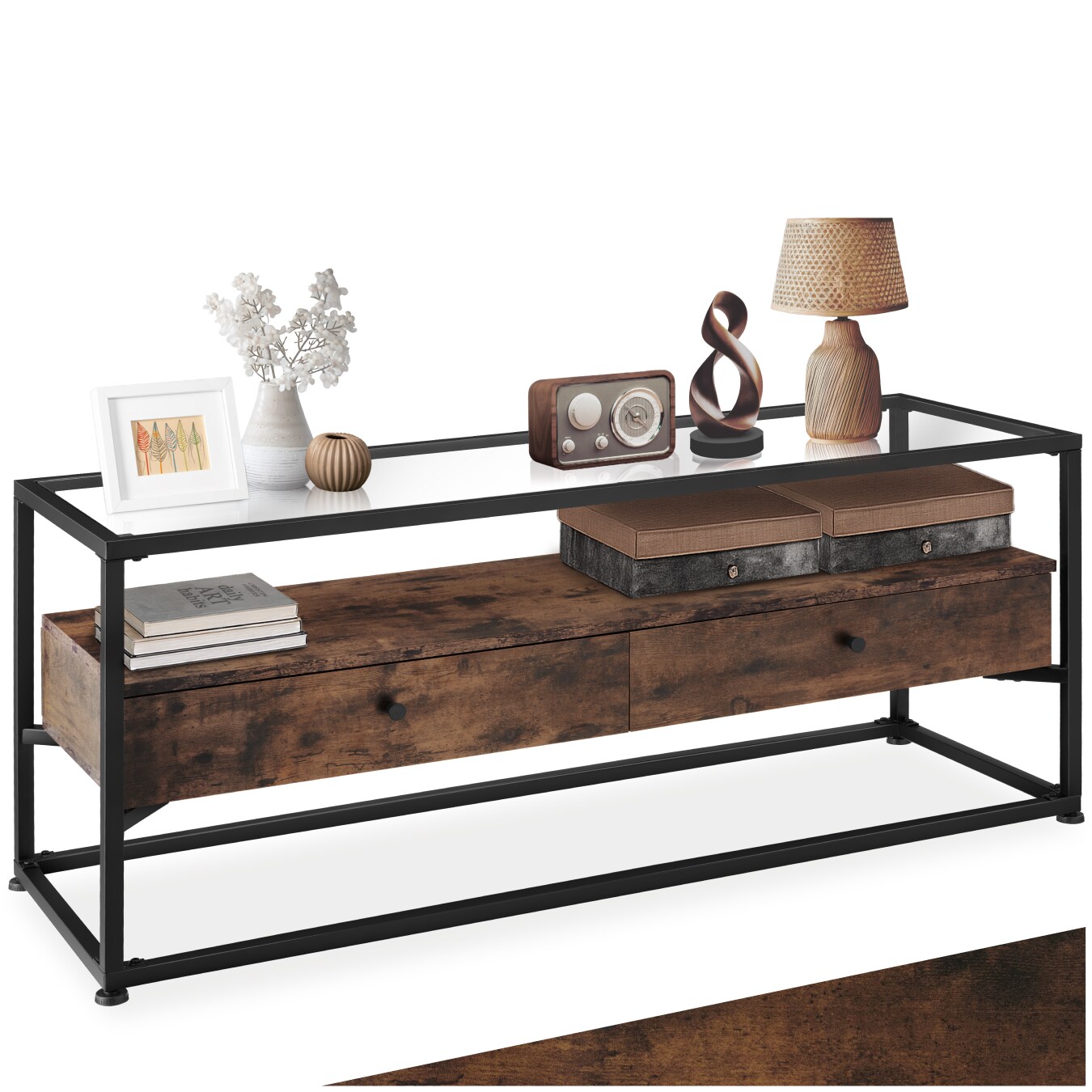 tectake® Sideboard, Industrial Style, Platte aus Sicherheitsglas, 2 große Schubladen, 121,5 x 41,5 x 50,5 cm