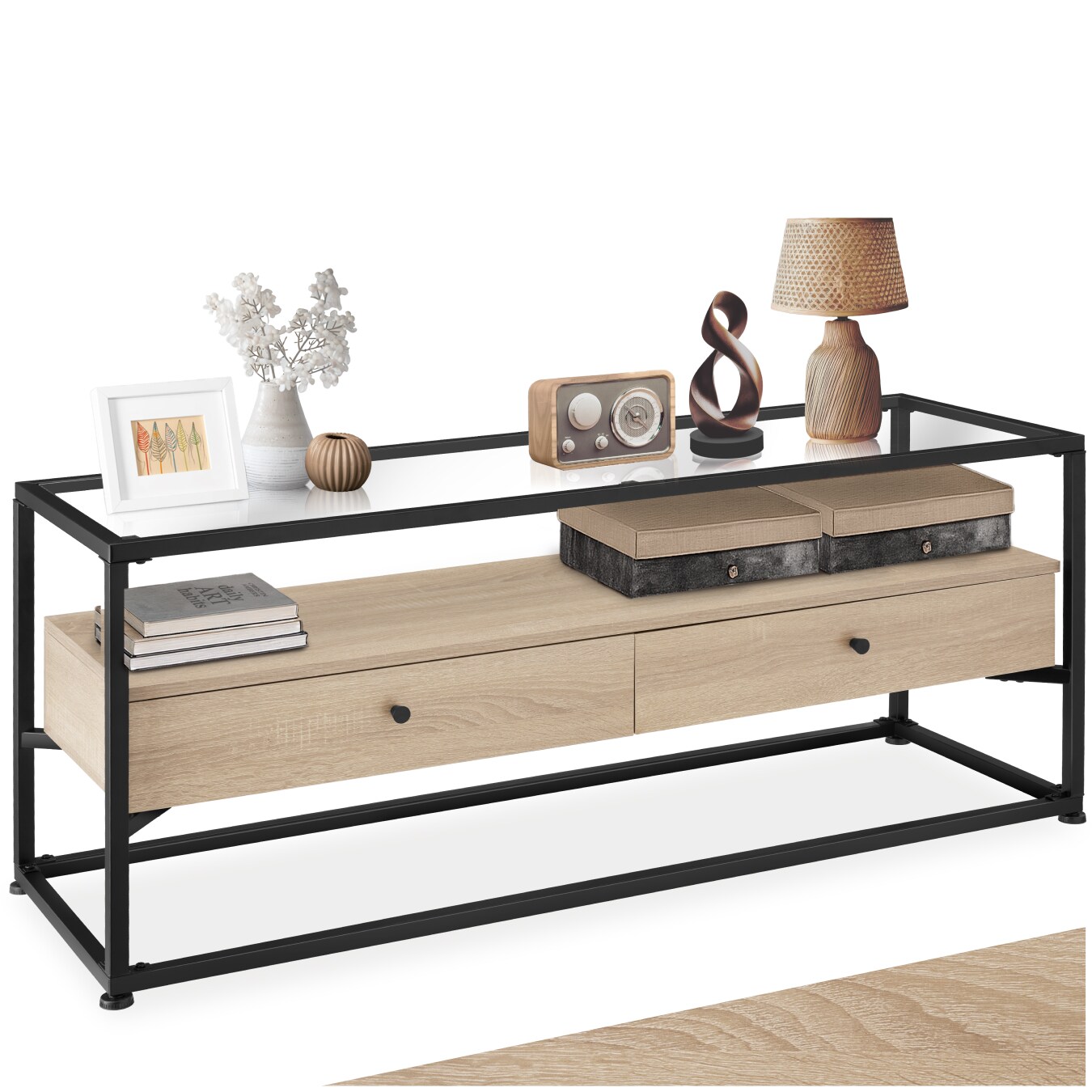 tectake&reg; Sideboard, Industrial Style, Platte aus Sicherheitsglas, 2 gro&szlig;e Schubladen, 121,5 x 41,5 x 50,5 cm - Bild 1