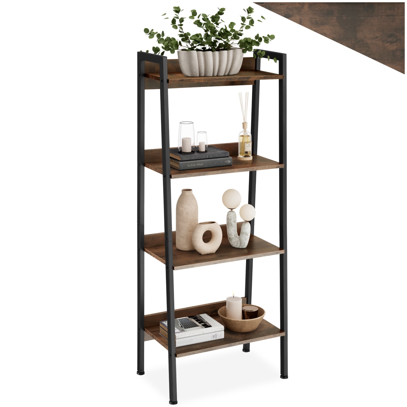 tectake® Leiterregal, Industrial Style, mit 4 offenen Fächern mit verstellbarem Einlegeboden, inklusive Kippschutz, 57,5 x 34 x 138 cm