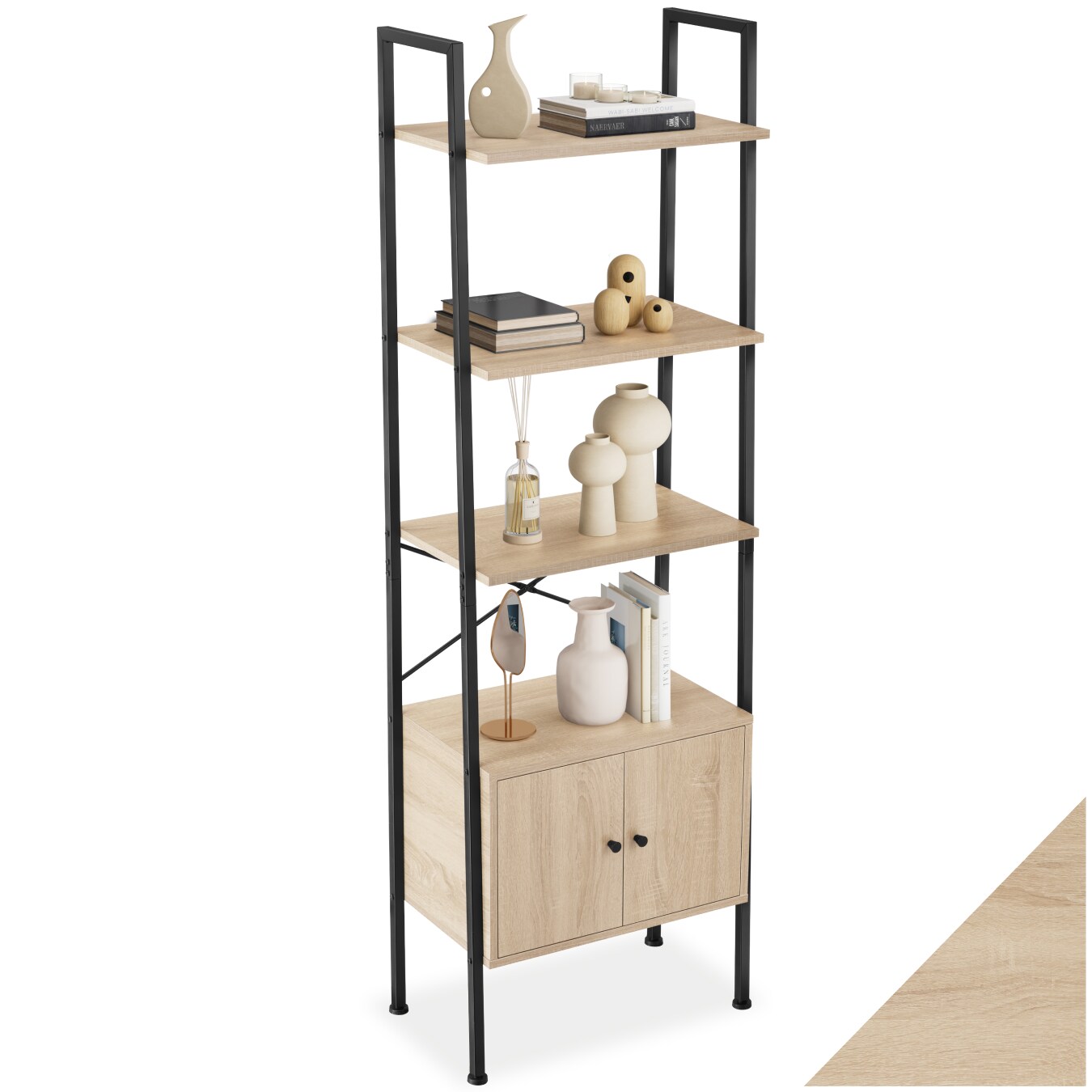 tectake® Leiterregal, Industrial Style, mit 4 Ebenen und 2 Schrankfächern mit Magnettüren, inklusive Kippschutz, 57,5 x 34 x 173 cm