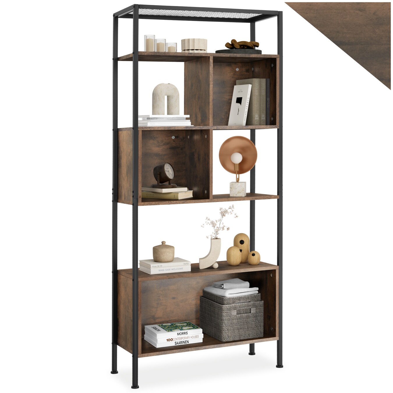 tectake® Regal, Industrial Style, mit 5 Ebenen, großes Staufach und 2 kleine Staufächer, inklusive Kippschutz, 75 x 31 x 170,5 cm