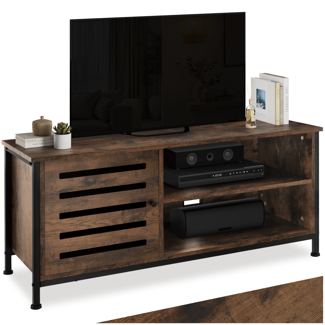 tectake® TV-Board, Industrial Style, 2 offene Fächer, Staufach mit Magnettür, 2 Kabelaussparungen, 110 x 41,5 x 50,5 cm