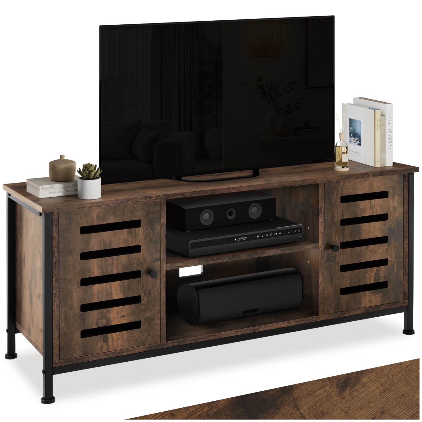 tectake® TV-Board, Industrial Style, offenes Fach, 2 Staufächer mit Magnettüren, verstellbarer Einlegeboden, 2 Kabelaussparungen, 110 x 41,5 x 50,5 cm | 04061173242938