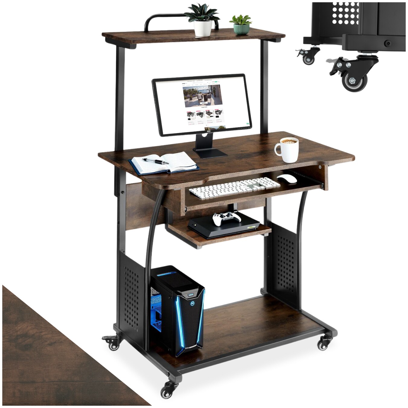 tectake® Schreibtisch, Industrial Style, 3 Ebenen, einhängbare Ablage und Tastaturauszug, 80 x 65,5 x 130,5 cm