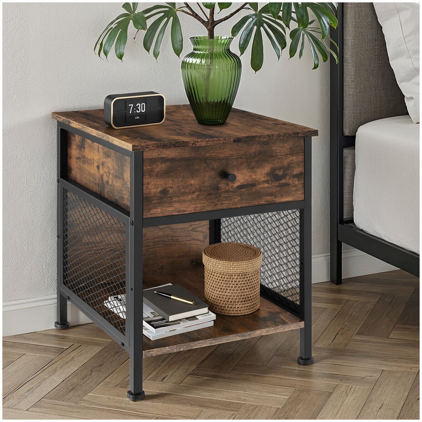 tectake® Nachttisch, Industrial Style, Ablage, Schublade und Staufach mit seitlichen Gitterflächen, 45 x 46 x 55,5 cm