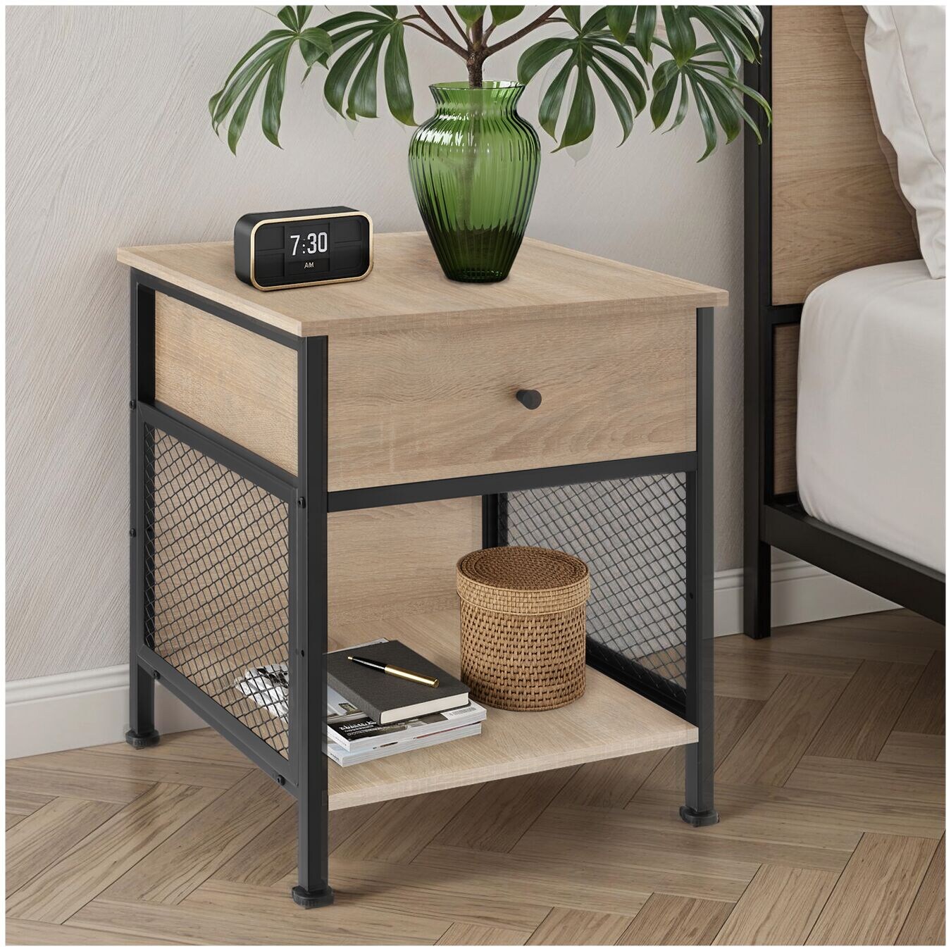 tectake® Nachttisch, Industrial Style, Ablage, Schublade und Staufach mit seitlichen Gitterflächen, 45 x 46 x 55,5 cm | 04061173243126