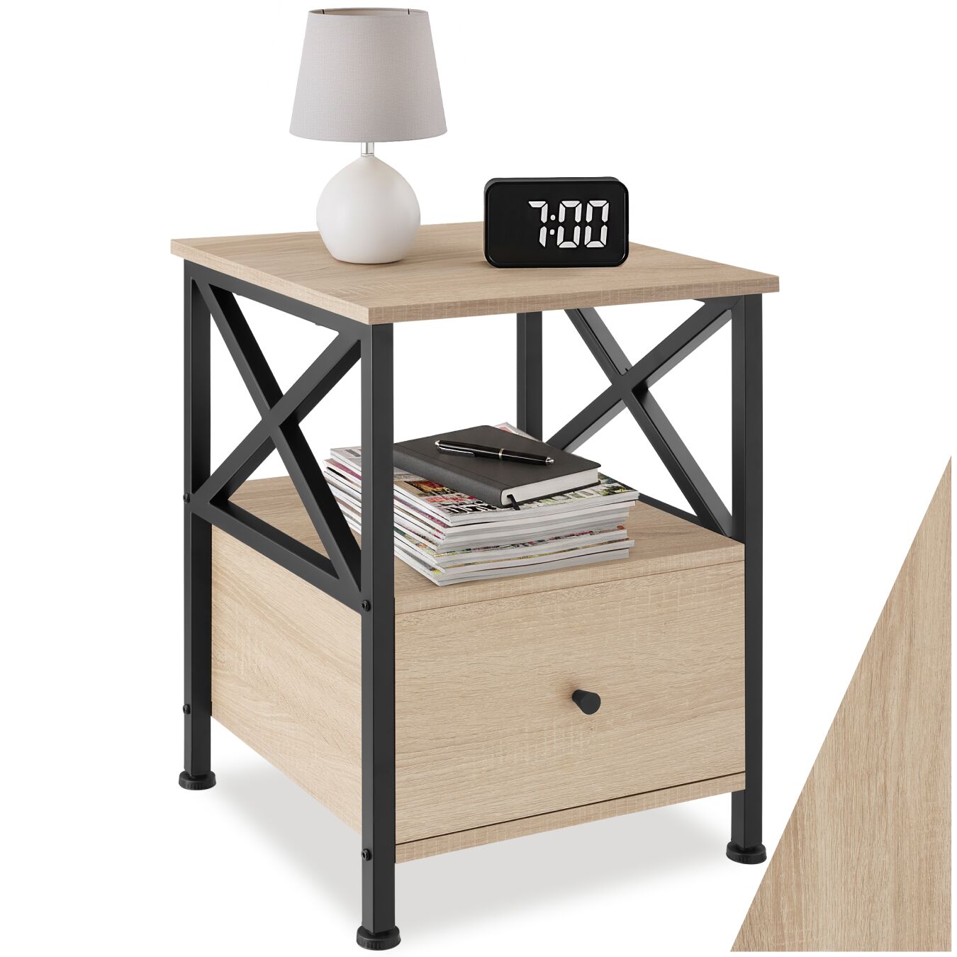 tectake&reg; Nachttisch, Industrial Style, 2 Ablagen und Schublade, seitliche Streben in X-Form, 40 x 41,5 x 55,5 cm - Bild 1