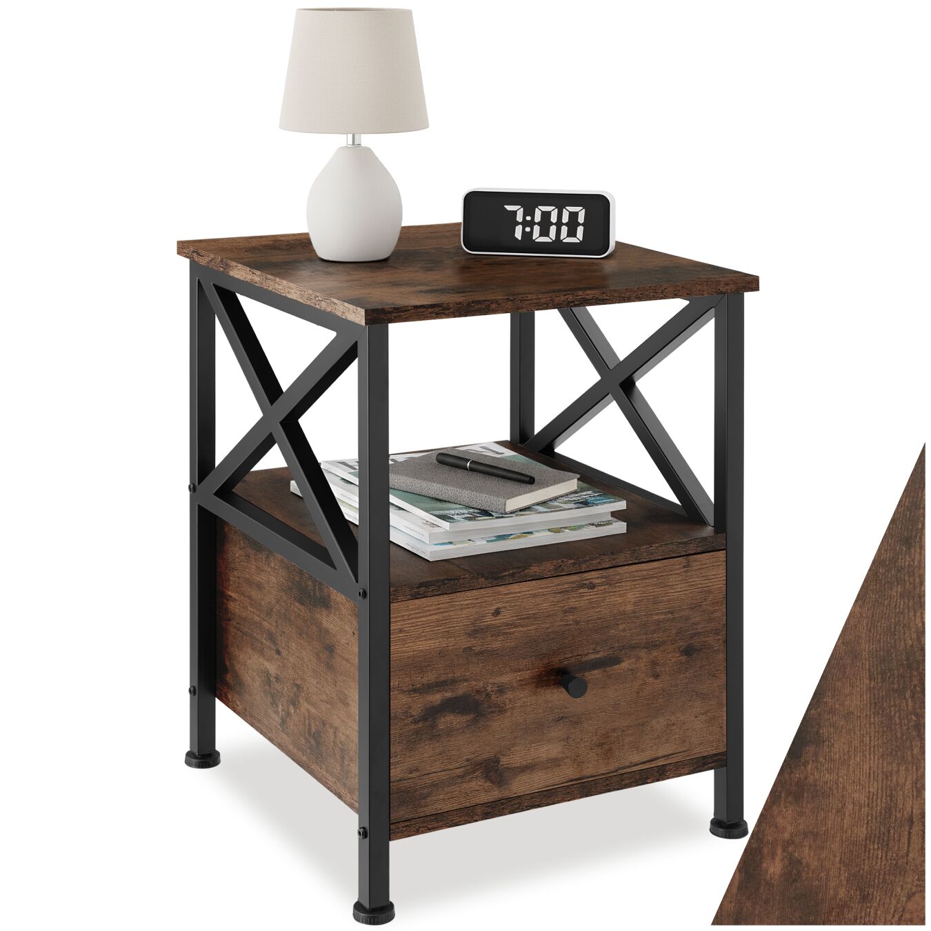 tectake&reg; Nachttisch, Industrial Style, 2 Ablagen und Schublade, seitliche Streben in X-Form, 40 x 41,5 x 55,5 cm - Bild 1