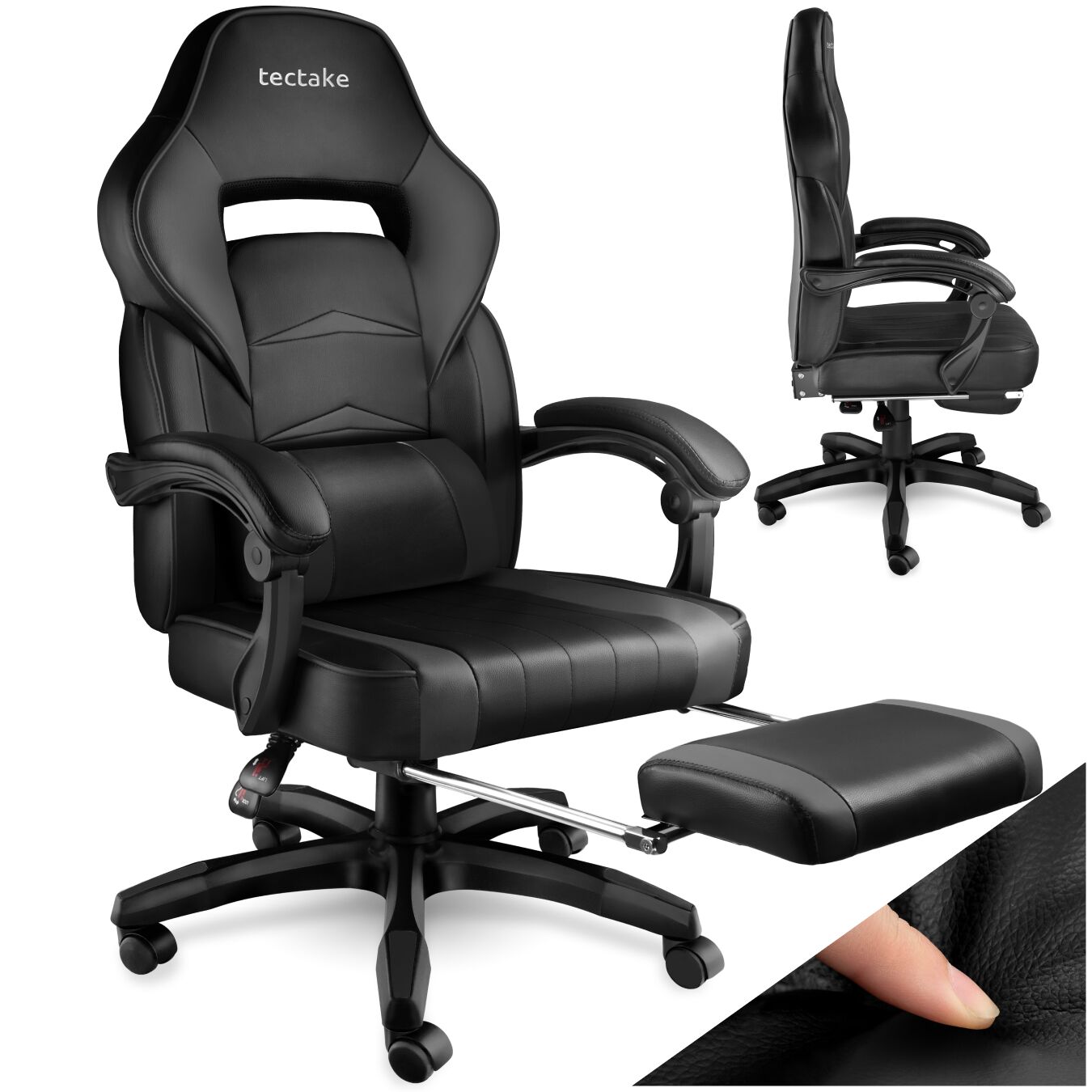 tectake&reg; Racing B&uuml;rostuhl, ergonomische Form, mit Fu&szlig;st&uuml;tze und verstellbarer R&uuml;ckenlehne, Kunstlederbezug, inklusive abnehmbarem Lendenkissen, inklusive Lendenkissen, Belastbarkeit 120 kg - Bild 1