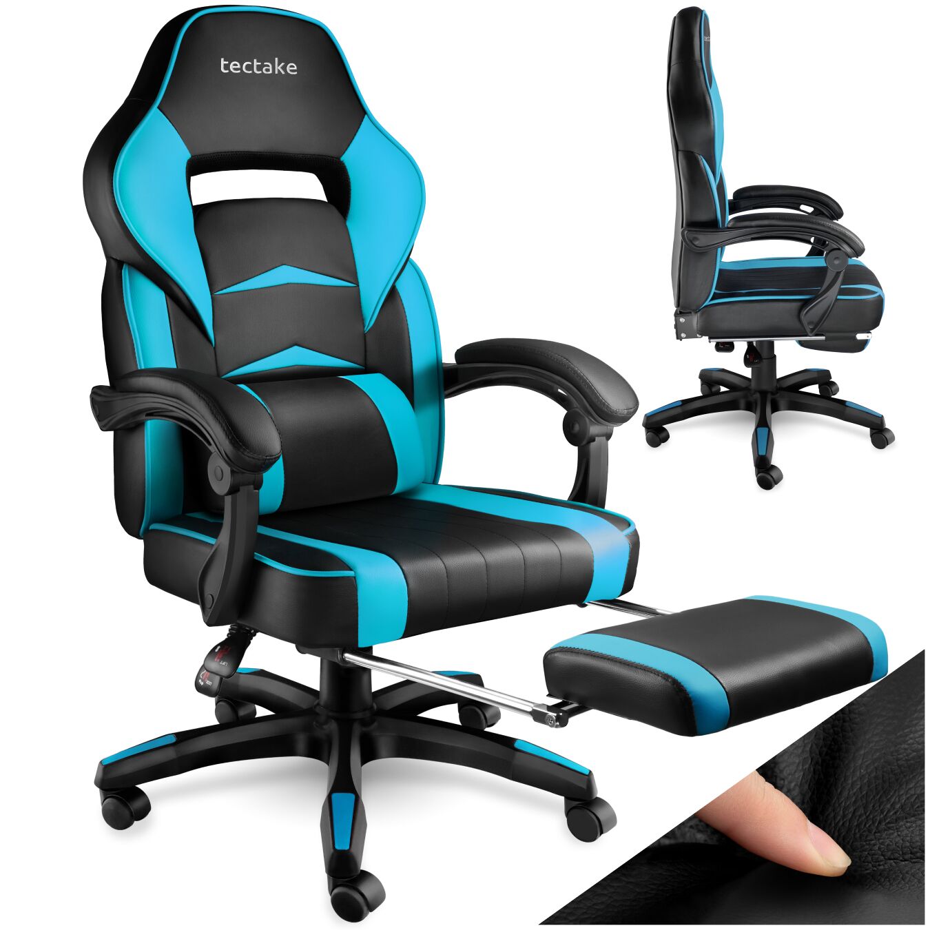 tectake&reg; Racing B&uuml;rostuhl, ergonomische Form, mit Fu&szlig;st&uuml;tze und verstellbarer R&uuml;ckenlehne, Kunstlederbezug, inklusive abnehmbarem Lendenkissen, inklusive Lendenkissen, Belastbarkeit 120 kg - Bild 1
