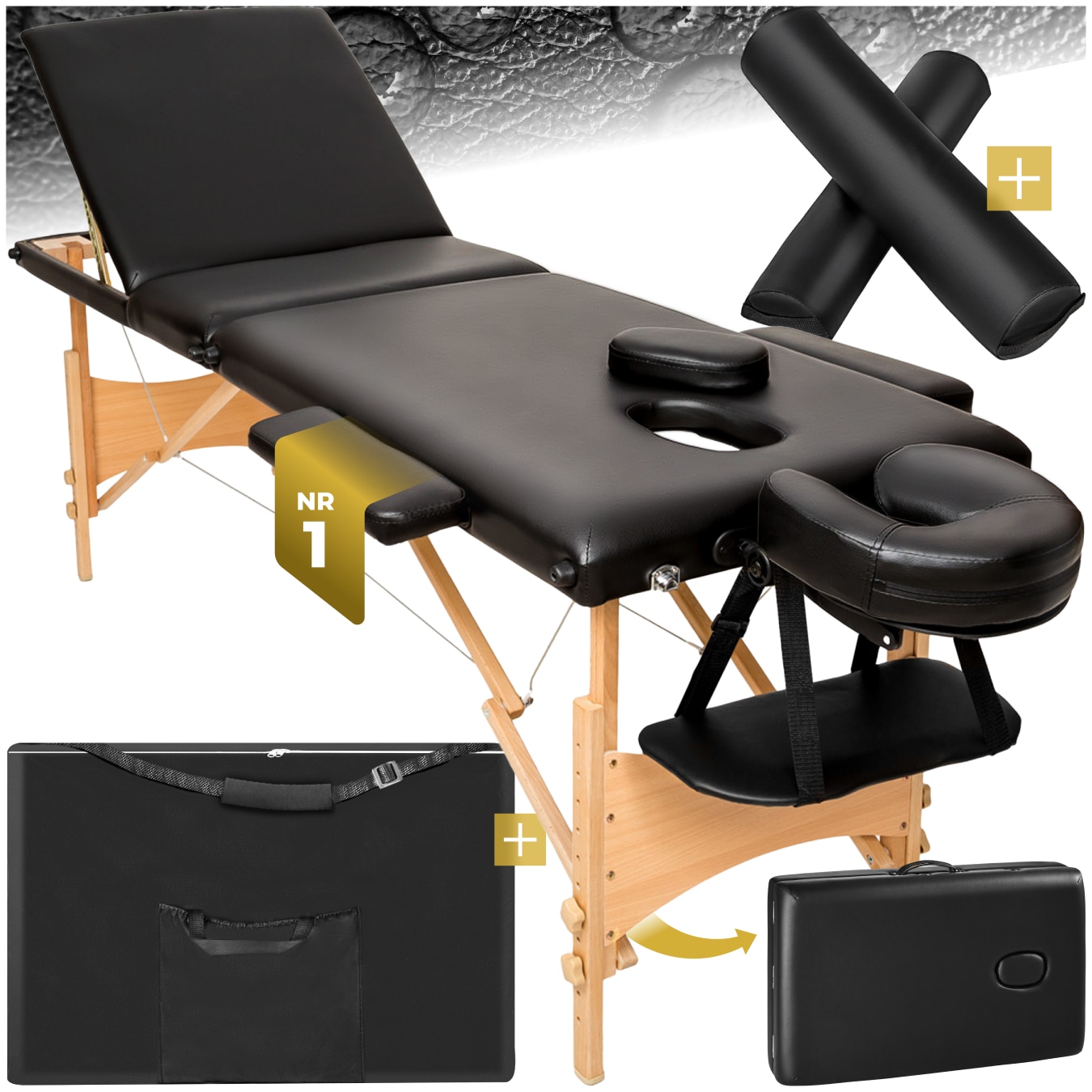 tectake&reg; 3 Zonen Massageliege-Set, Breite 60 cm, Polsterung 3 cm, mit Holzgestell, 210 x 95 x 84 cm - Bild 1