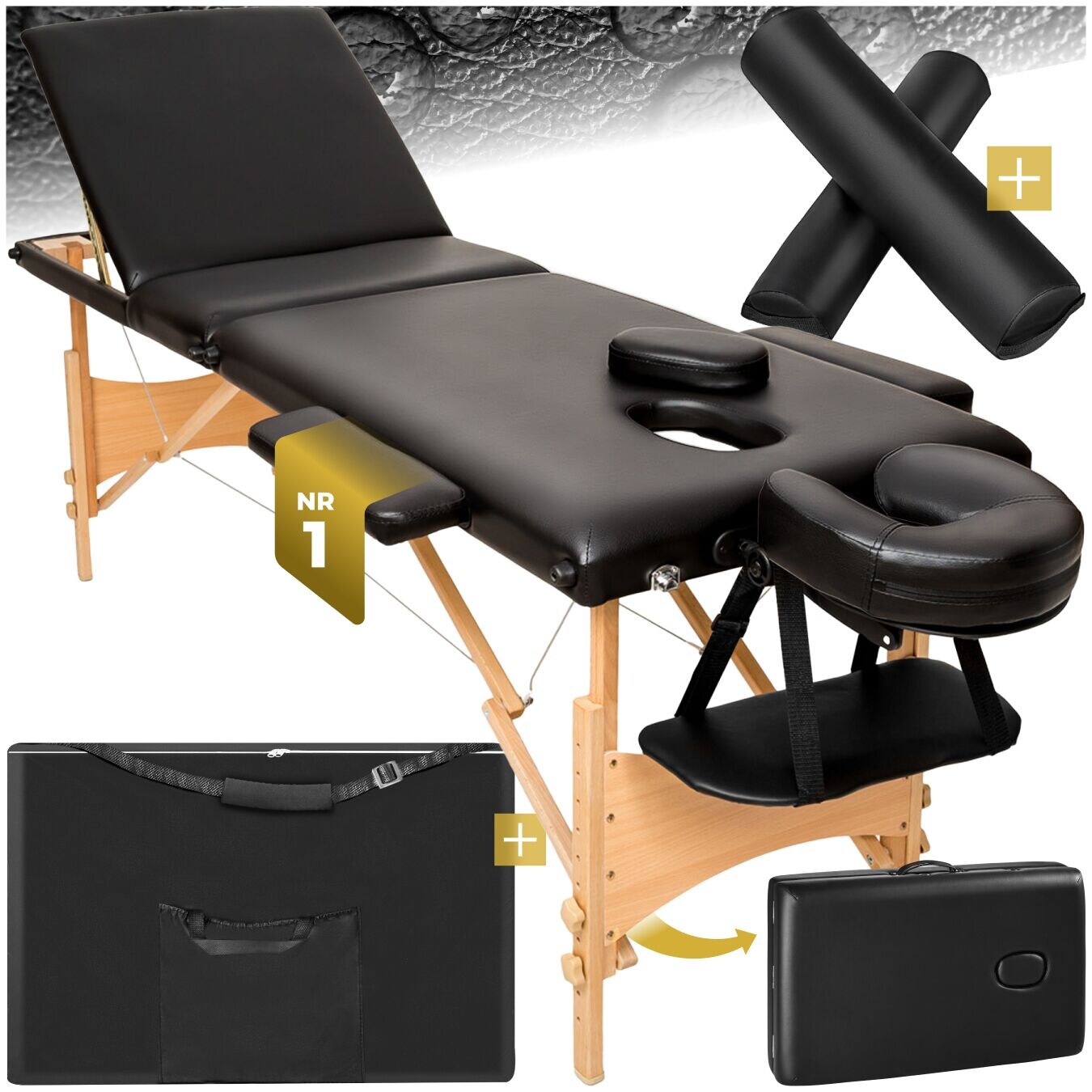 tectake® 3 Zonen Massageliege-Set, Breite 60 cm, Polsterung 3 cm, mit Holzgestell, 210 x 95 x 84 cm