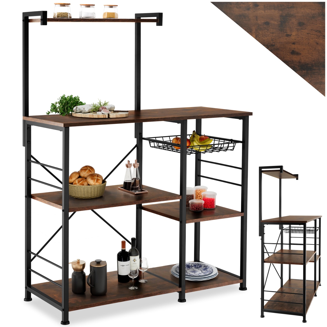 tectake® Küchenregal, Industrial Style, 6 Ablagen und ausziehbarer Gitterkorb, 90 x 40 x 131,5 cm