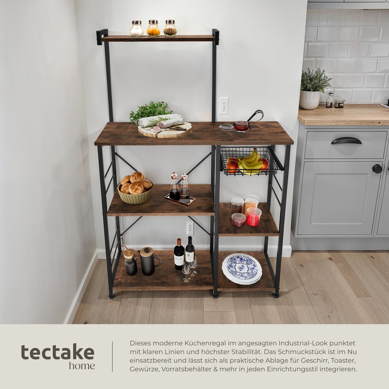 tectake® Küchenregal, Industrial Style, 6 Ablagen und ausziehbarer Gitterkorb, 90 x 40 x 131,5 cm online kaufen bei Netto